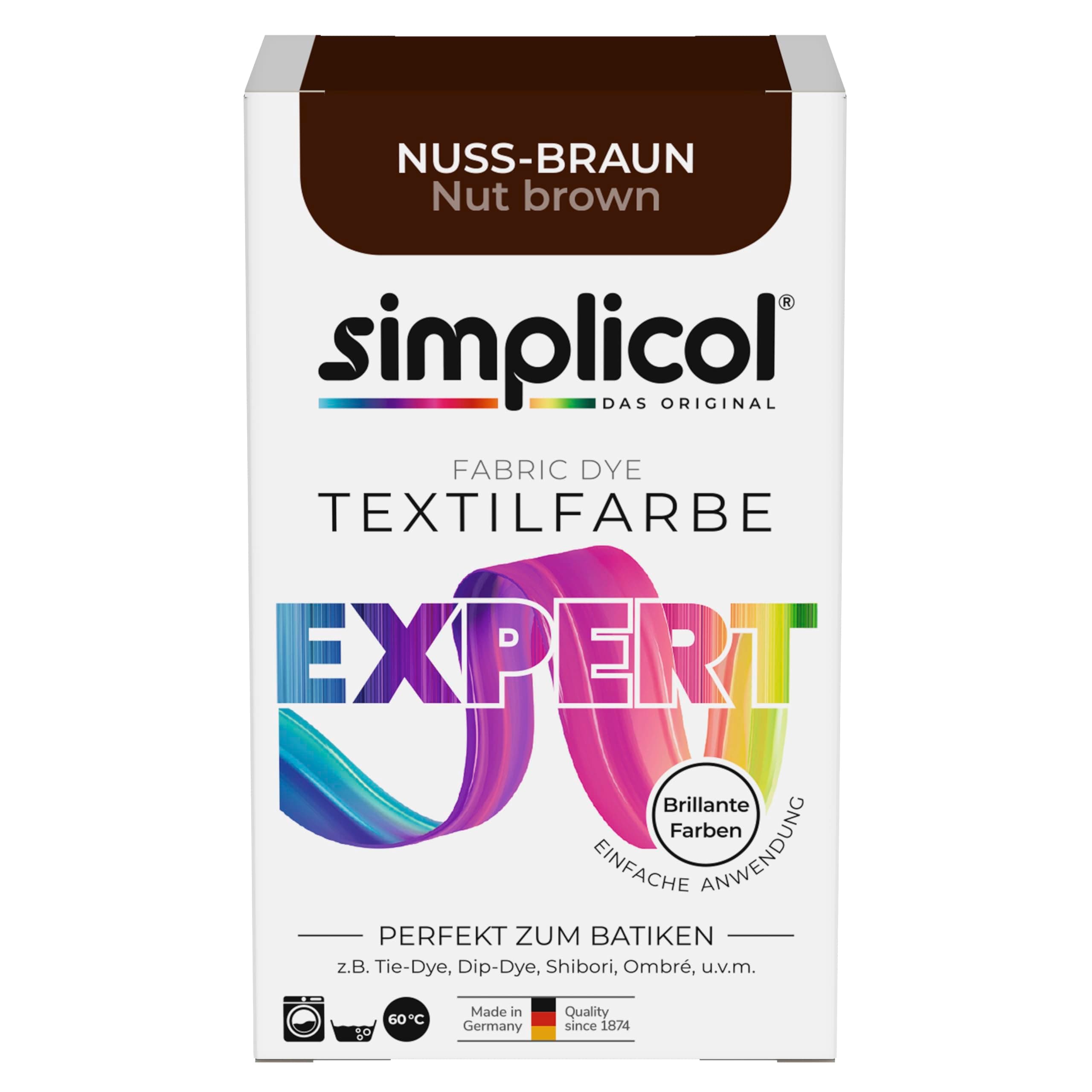 simplicol Textilfarbe expert Nuss-Braun | Perfekt zum Batiken und für kreative DIY-Projekte | Einfache Anwendung | Farbpulver | 150 g 150 g (1er Pack) Nuss-Braun