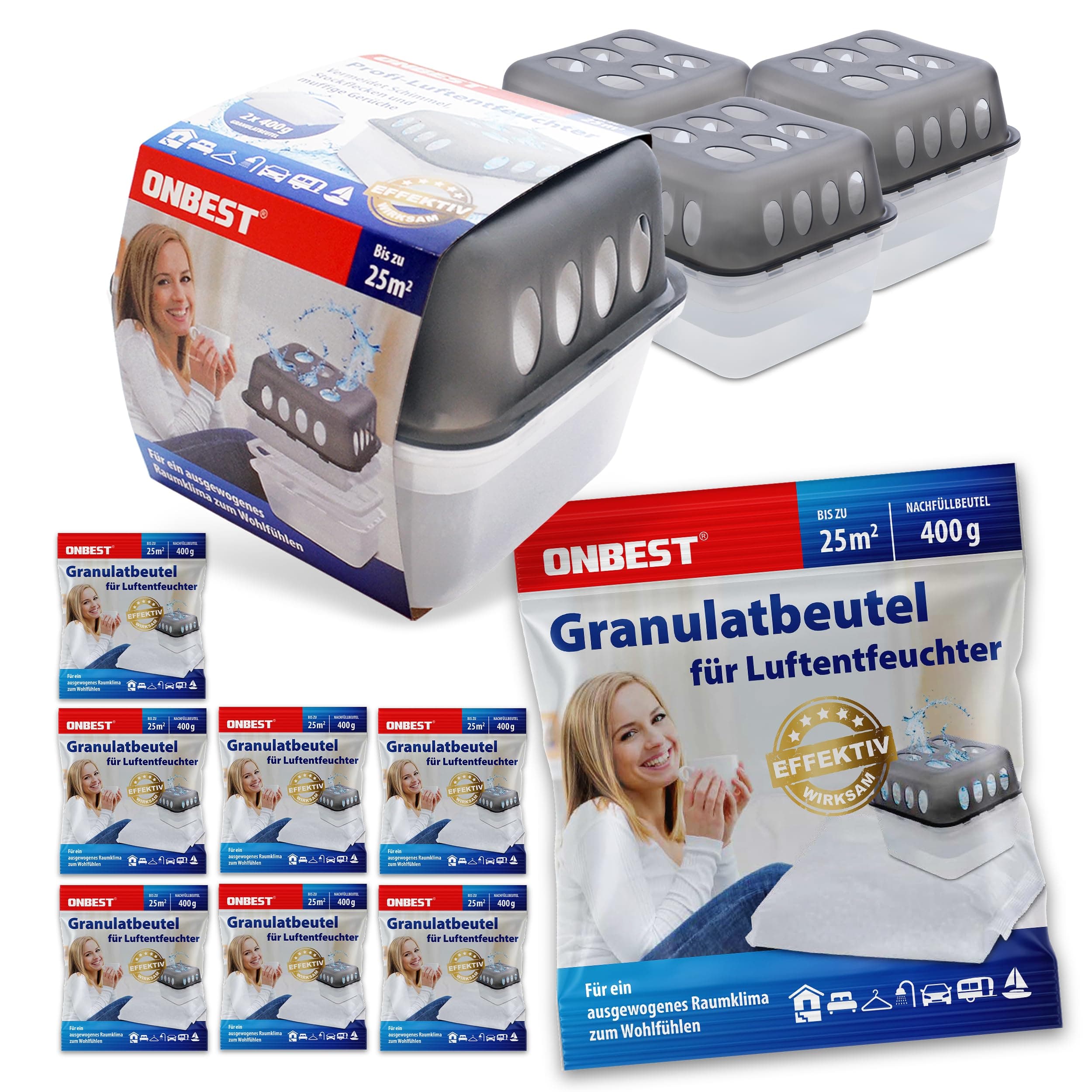 Onbest großes Luftentfeuchter Set-4x Entfeuchter mit 8x 400g Nachfüllbeutel Granulat–Gegen Feuchtigkeit, Schimmel&schlechte Gerüche–Raumentfeuchter ohne Strom-Luftentfeuchter Raumentfeuchter, Grau