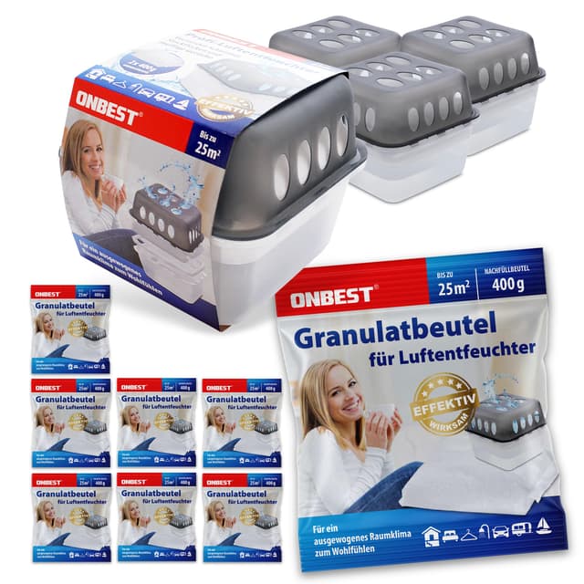 Onbest großes Luftentfeuchter Set-4x Entfeuchter mit 8x 400g Nachfüllbeutel Granulat–Gegen Feuchtigkeit, Schimmel&schlechte Gerüche–Raumentfeuchter ohne Strom-Luftentfeuchter Raumentfeuchter, Grau