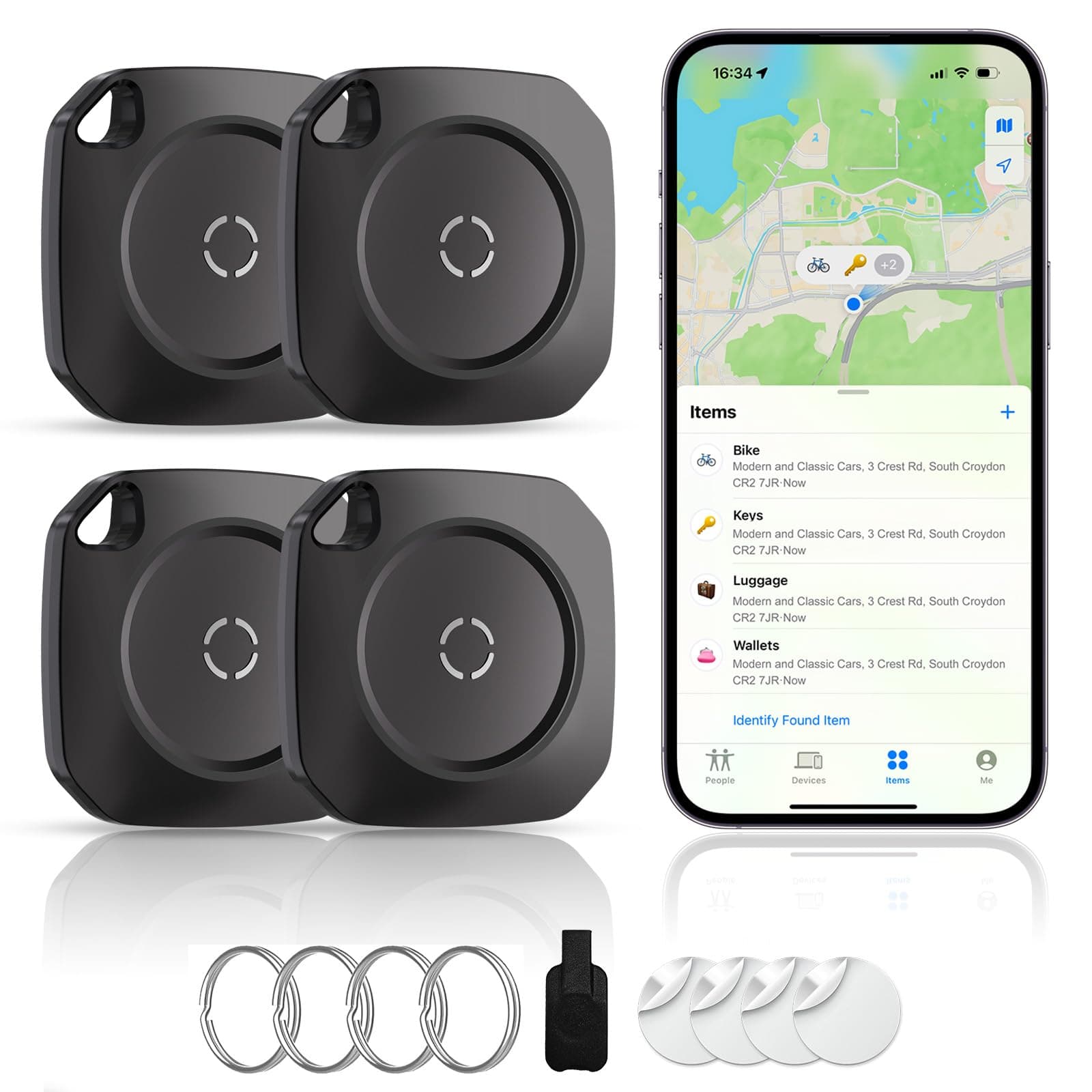 Air Tracker Tag Schlüsselfinder für iOS, Smart Tag Kompatibel mit Apple Wo ist? APP (Nur iOS), Schlüssel Finder für Koffer, Reisen, Geldbörsen, Gepäck, Rucksäcke, Austauschbare Batterie - 4 Pack Black