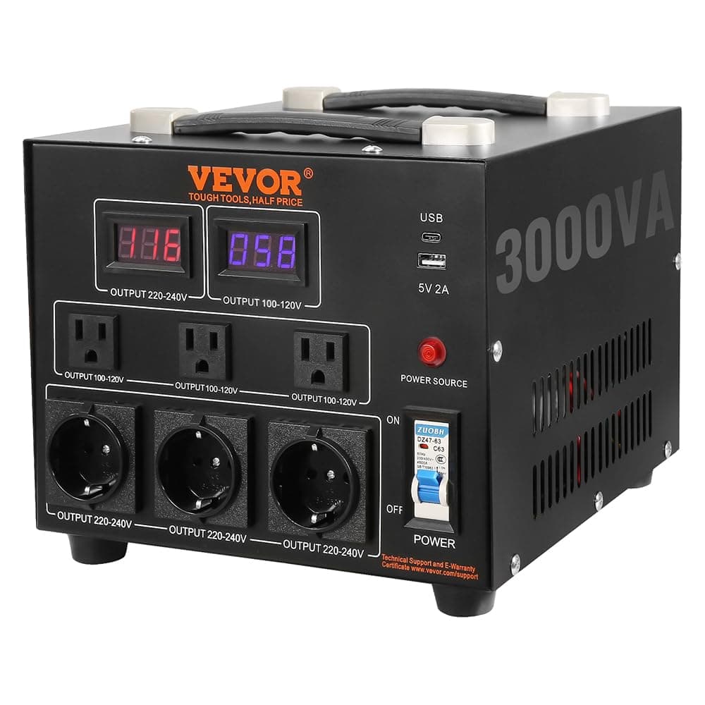VEVOR 3000W Spannungswandler Transformator AC 110V⇋220V Transformer Wandler 3 US NEMA 5-15R 3-polige Ausgangssteckdosen, 3 europäische Shucko-Ausgangssteckdosen, 1 USB-Buchse und 1 Typ-C-Buchse 3000 W