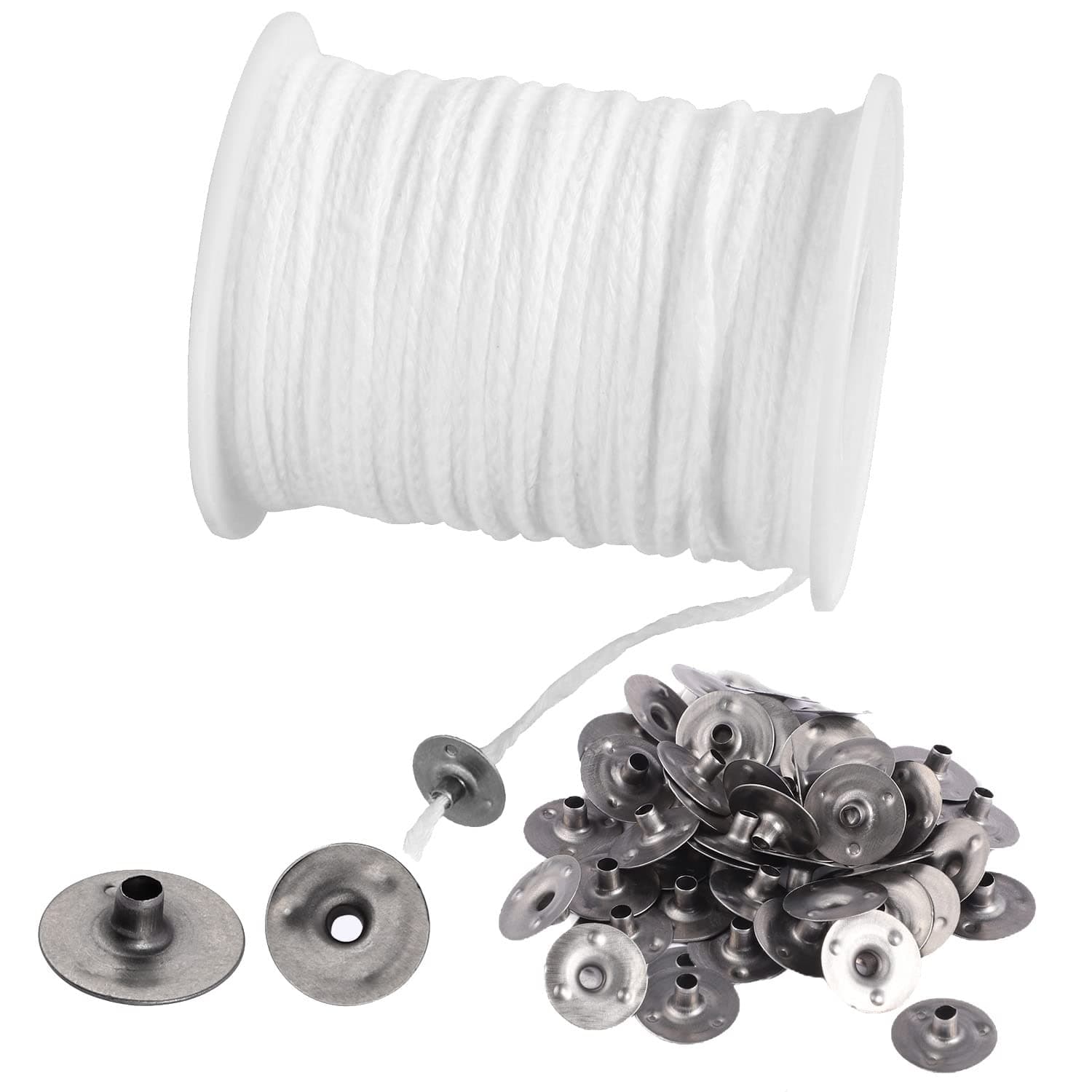 61m Kerzendocht, Docht Rauchfrei Kerzen Docht mit 100 Stück Kerzendochthalter Candle Wick Kerzendochte Dochte für Osterdeko Basteln Kerzen Hochzeit DIY Duftkerzen(Weiß) 6100cm