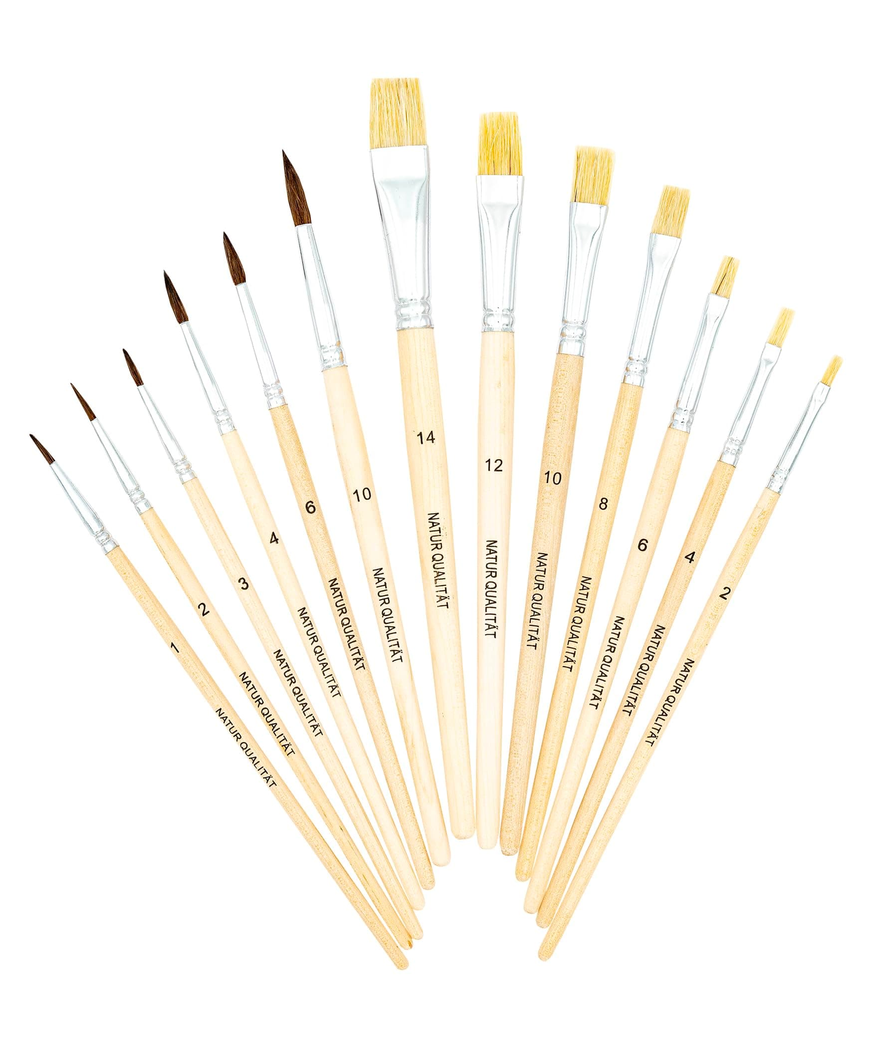 K3T Pinsel-Set 13-teilig (Naturhaarpinsel Größen 1, 2, 3, 4, 6 und 10 - Naturborstenpinsel Größen 2, 4, 6, 8, 10, 12 und 14), Schaft naturbelassen, Art.Nr. 49033