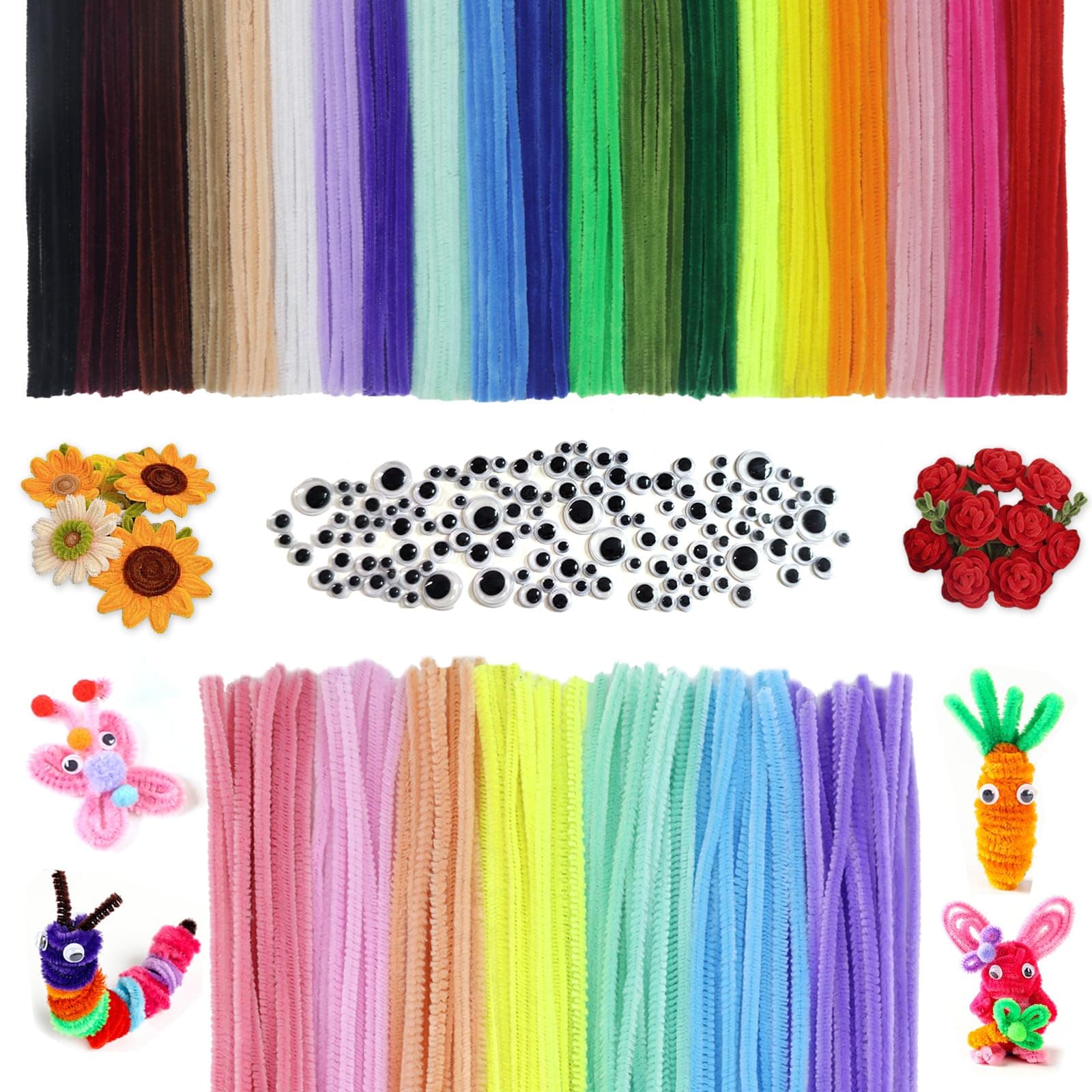 LLMtn 400 Stück 27Farben 300 Chenilledraht,100 wackelaugen selbstklebend,Pfeifenputzer Bunt zum Basteln,Macaron Farbe Pfeifenreiniger Bunt zum Basteln,Pipe Cleaner kulleraugen selbstklebend Mehrfarbig+Auge