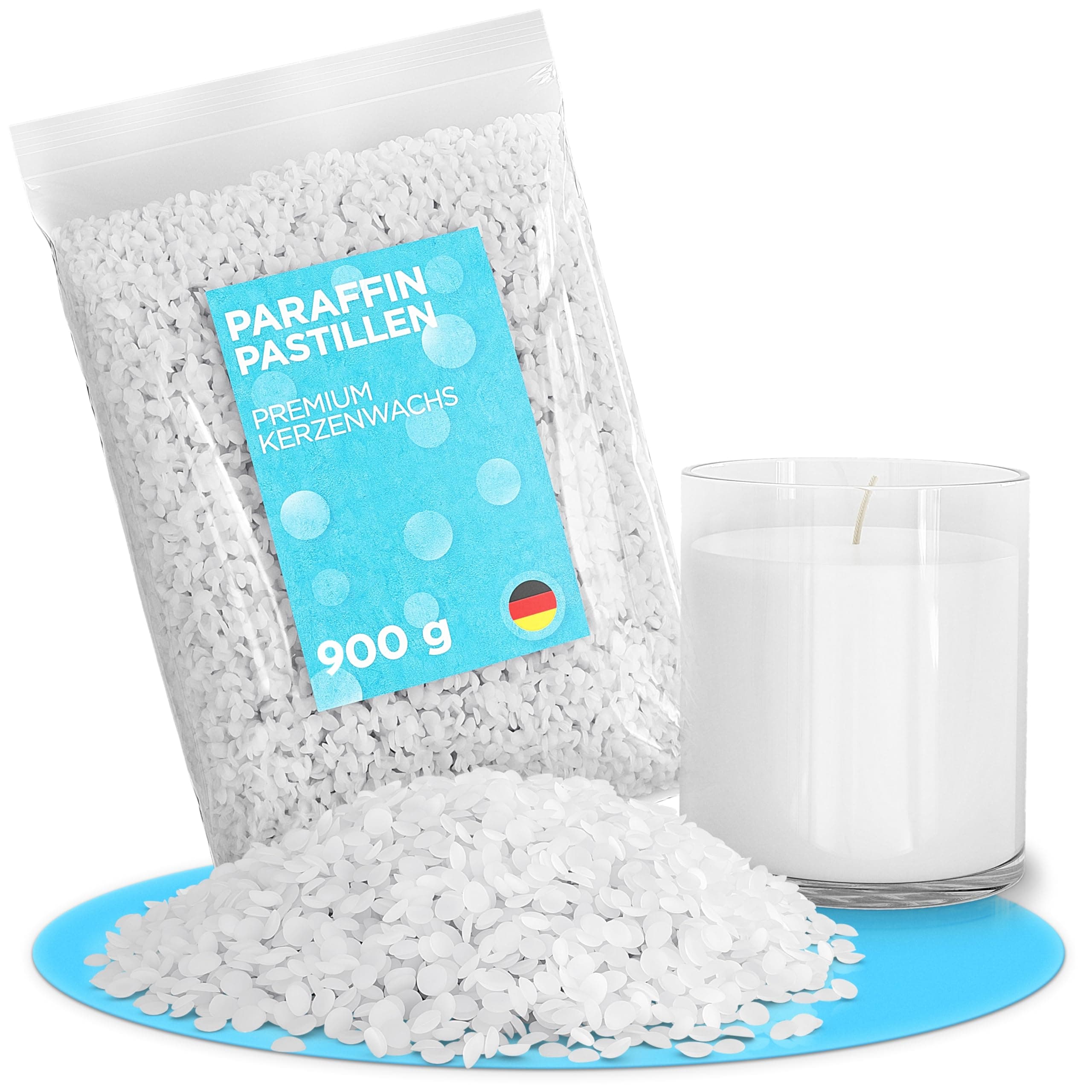 molinoRC Kerzenwachs - 900g reines Paraffinwachs für Kerzen - Qualität aus Deutschland - Kerzenwachs zum Gießen - sauber brennendes Schmelzlicht Wachs - Wachs für Kerzen - Wachspastillen 900 g