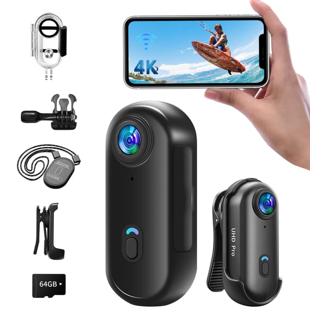 Baobylon Action Cam 4K,Mini Sportkamera WiFi mit 64G Speicherkarte,Unterwasserkamera,Freihand-POVs,Überall Anbringbar,Helmkamera Motorrad Fahrrad Bodycam Körperkamera,Mini Kamera, Schwarz 4K+64G