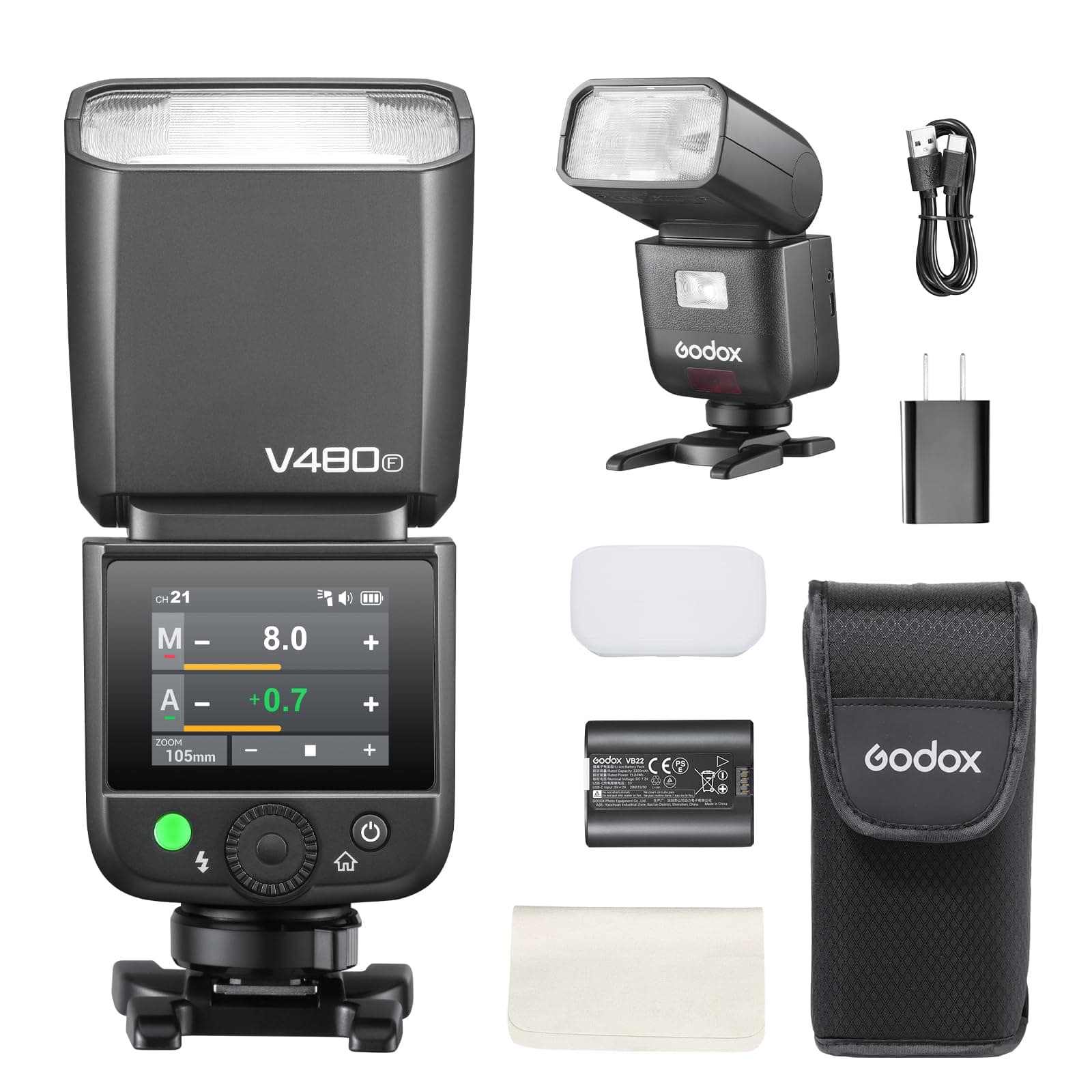 Godox V480-F Flash für Fujifilm, GN50 High Output, Touchscreen-Steuerung, USB-C-Ladung, 1,7 s Schnelle Recyclingzeit, 650 Vollstärke-Blitze, 2.4G X Wireless 1/8000s HSS TTL Flash Speedlite