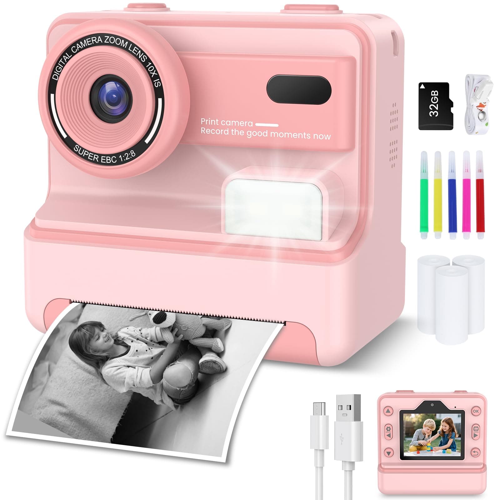 Sofortbildkamera, Kinderkamera mit 32GB Karte & 3 Rollen Druckpapier, Sofortbildkamera Kinder mit Farbigen Stiften & Lustige Accessoires, Geschenke für Jungen & Mädchen von 3-12 Jahren(Rosa)