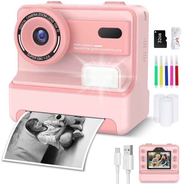 Sofortbildkamera, Kinderkamera mit 32GB Karte & 3 Rollen Druckpapier, Sofortbildkamera Kinder mit Farbigen Stiften & Lustige Accessoires, Geschenke für Jungen & Mädchen von 3-12 Jahren(Rosa)