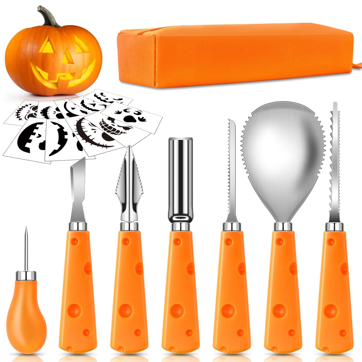 ECtury Kürbis Schnitzset, 7 Stück Schnitzwerkzeug Kürbis + 10 Schnitzvorlagen, Kürbis Schnitzen Werkzeug, Pumpkin Carving Kit, Halloween Kürbisschnitz Set