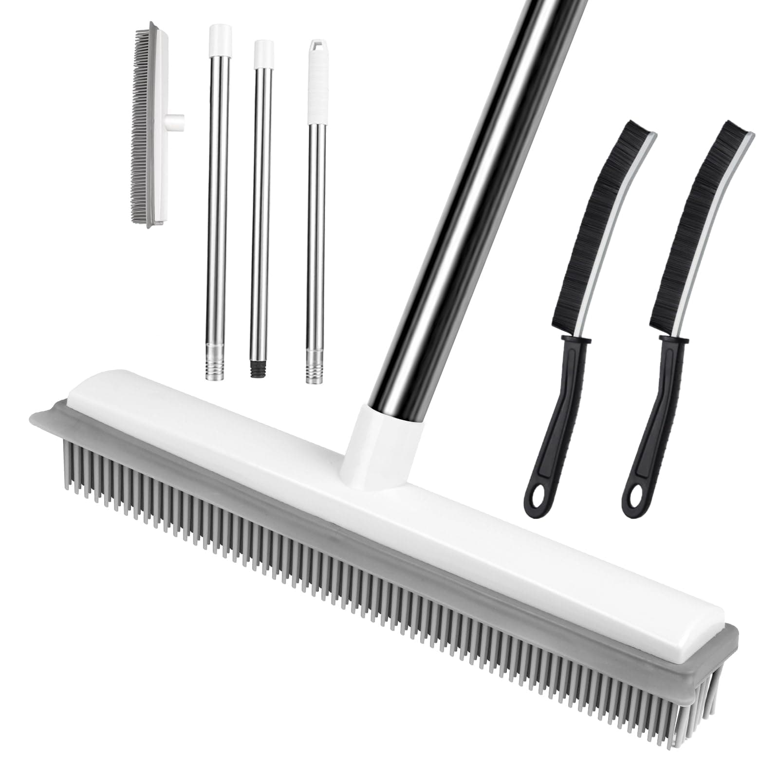 AMFUN 2 in 1 Gummibesen mit Stiel, Besen Gummiborsten, Langen Stiel Besen Entfernen von Tiere Katzen Hunde Haare, Bodenbürste für Bödenzum Teppiche Fliesen (mit 2 Hartborsten Eckenreinigungsbürste)