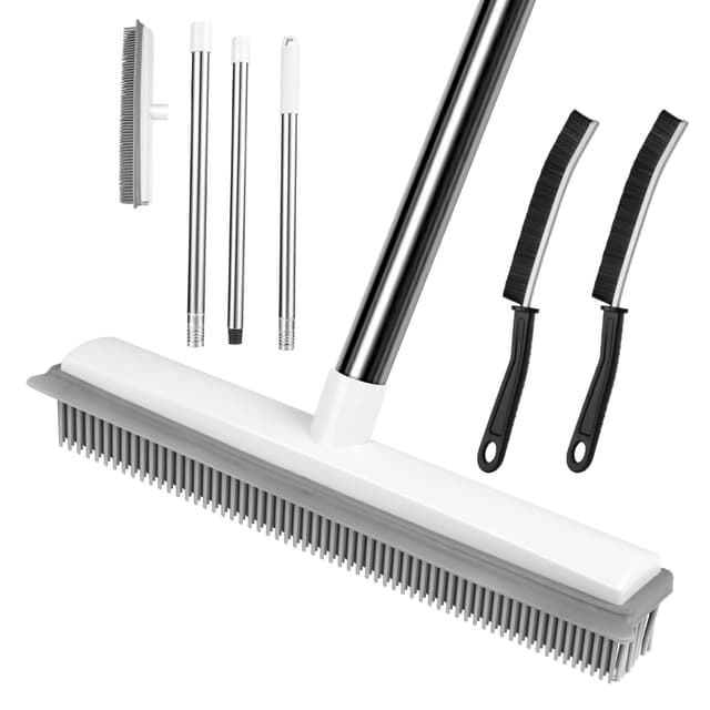 AMFUN 2 in 1 Gummibesen mit Stiel, Besen Gummiborsten, Langen Stiel Besen Entfernen von Tiere Katzen Hunde Haare, Bodenbürste für Bödenzum Teppiche Fliesen (mit 2 Hartborsten Eckenreinigungsbürste)