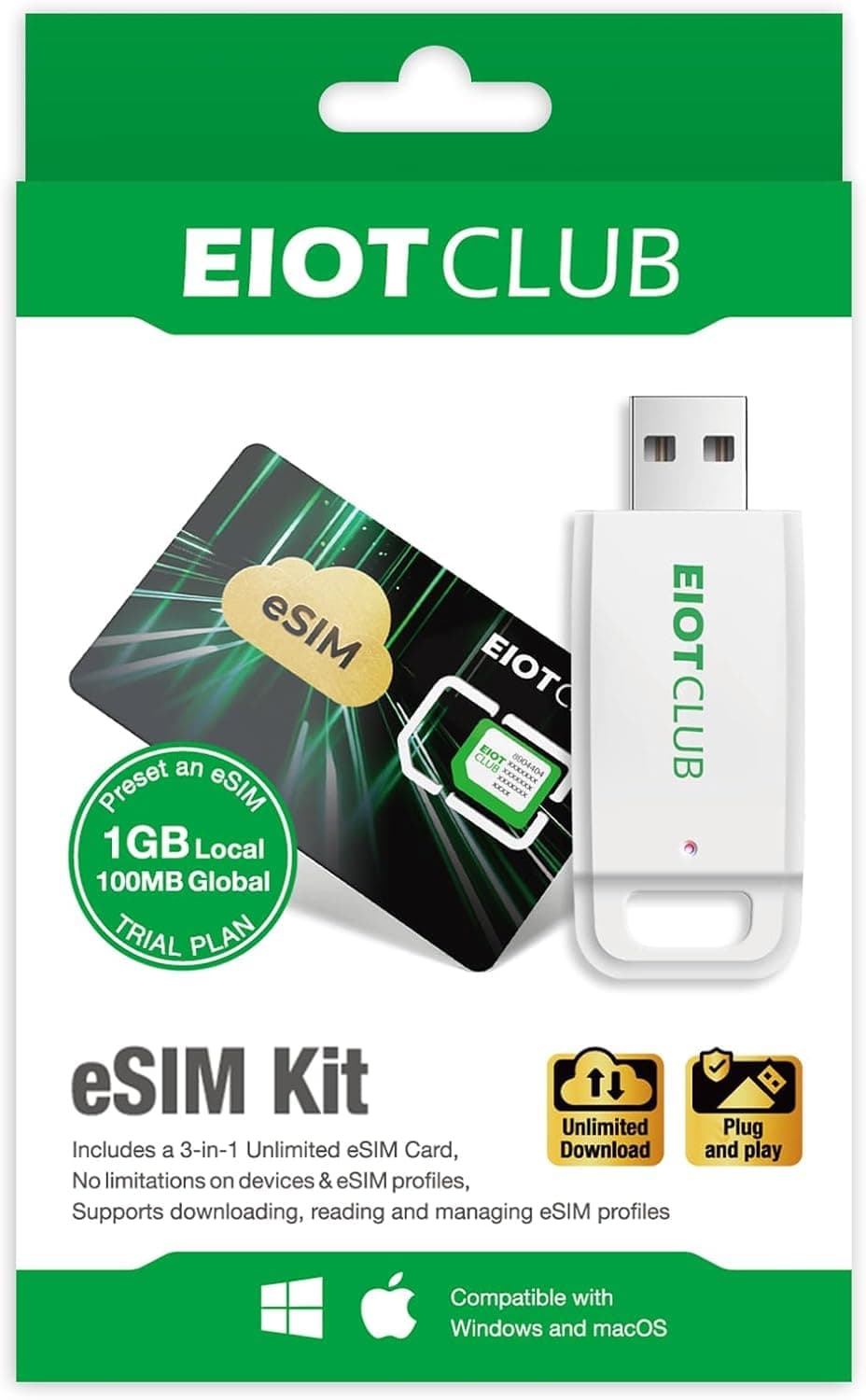 EIOTCLUB eSIM-Karte + Kartenleser-Kit – Unbegrenzte eSIM-Profile, Daten-Roaming in 33 EU-Ländern & 200+ Ländern weltweit, Kompatibel mit Android, iPhone, Tablets, Laptops & IoT-Geräten Physical eSIM + card reader kit
