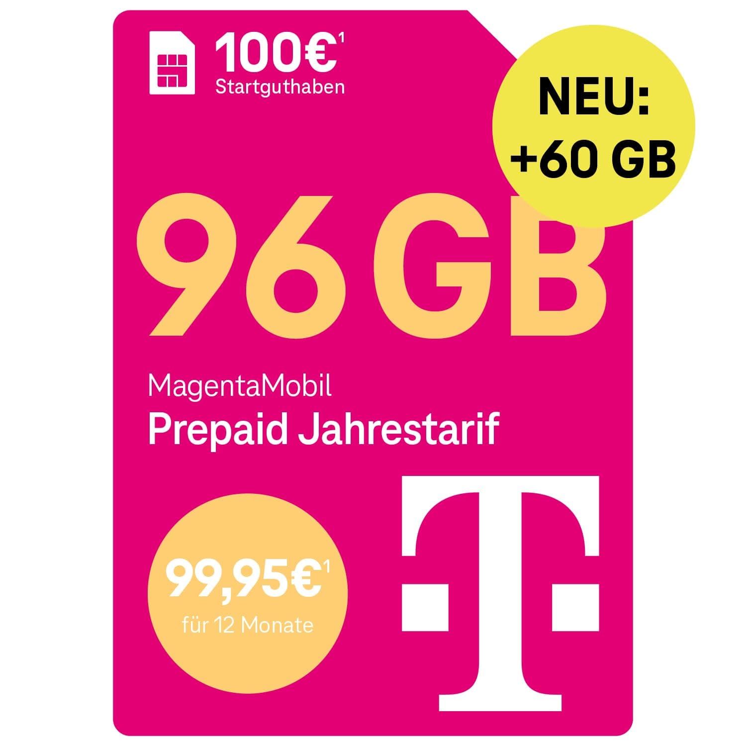 Telekom MagentaMobil Prepaid Jahrestarif 156 GB (13GB/Monat) | 5G/LTE Max & Allnet Flat in alle dt. Netze | unverbrauchtes Datenvolumen weiter nutzen | EU Roaming & Hotspot Flat | 100EUR Startguthaben neu