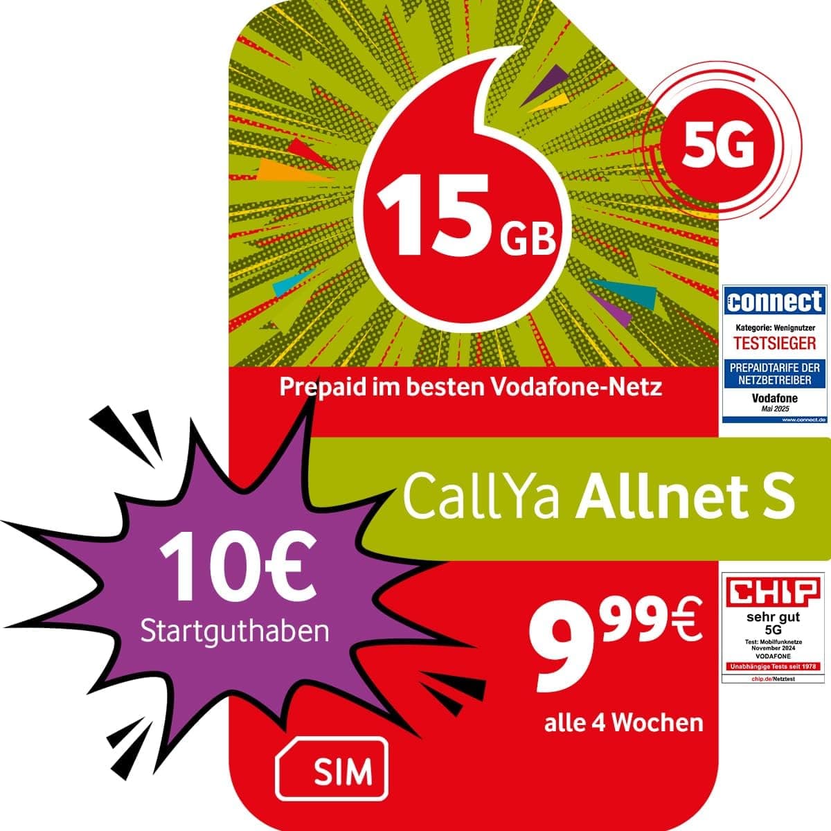 Vodafone Prepaid CallYa S | 15 GB | 10 EUR Startguthaben | 5 GB gratis im Roaming-Special | ohne Vertrag | 5G-Netz | Telefon- SMS-Flat | EU-Roaming 1 Monat