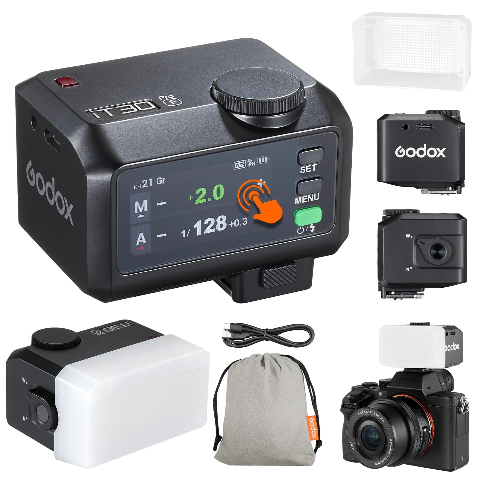 Godox iT30Pro-F iT30Pro F Mini KameraBlitz mit Weißem Diffusor Speedlite Camera Flash 560 Blitze bei Voller Wireless Master & Receiver Leistung 2.4G TTL Touchscreen für Fuji Kamera DSLR (Schwarz) IT30PRO-F black