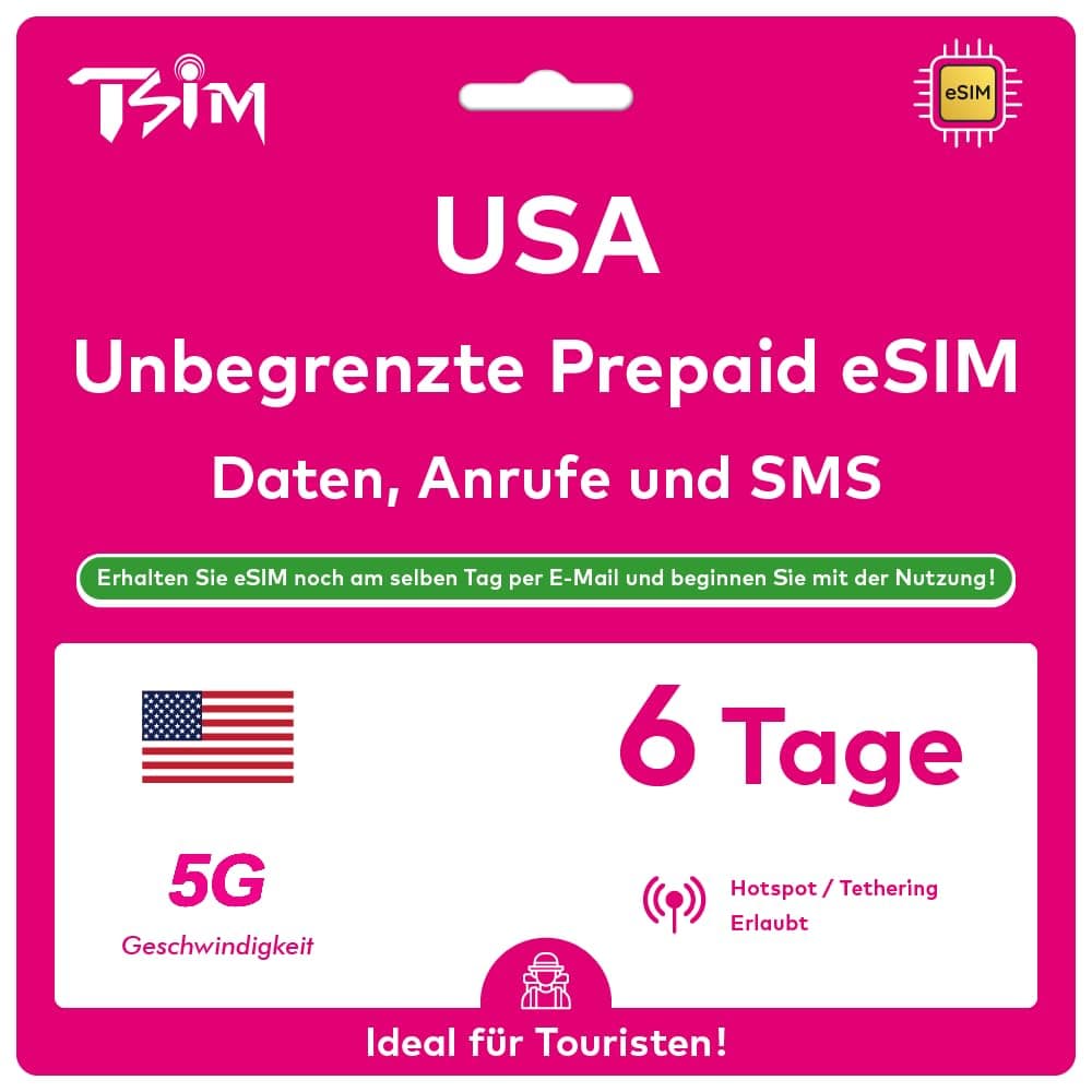 USA eSIM 6 Tage. T-Mobile Netzwerk mit Unbegrenzt Highspeed-Daten, Lokale Anrufe und SMS in den USA (Hawaii Inklusive). Erhalte eSIM Am Selben Tag per E-Mail und Beginne Sofort mit der Nutzung! 6 Day eSIM