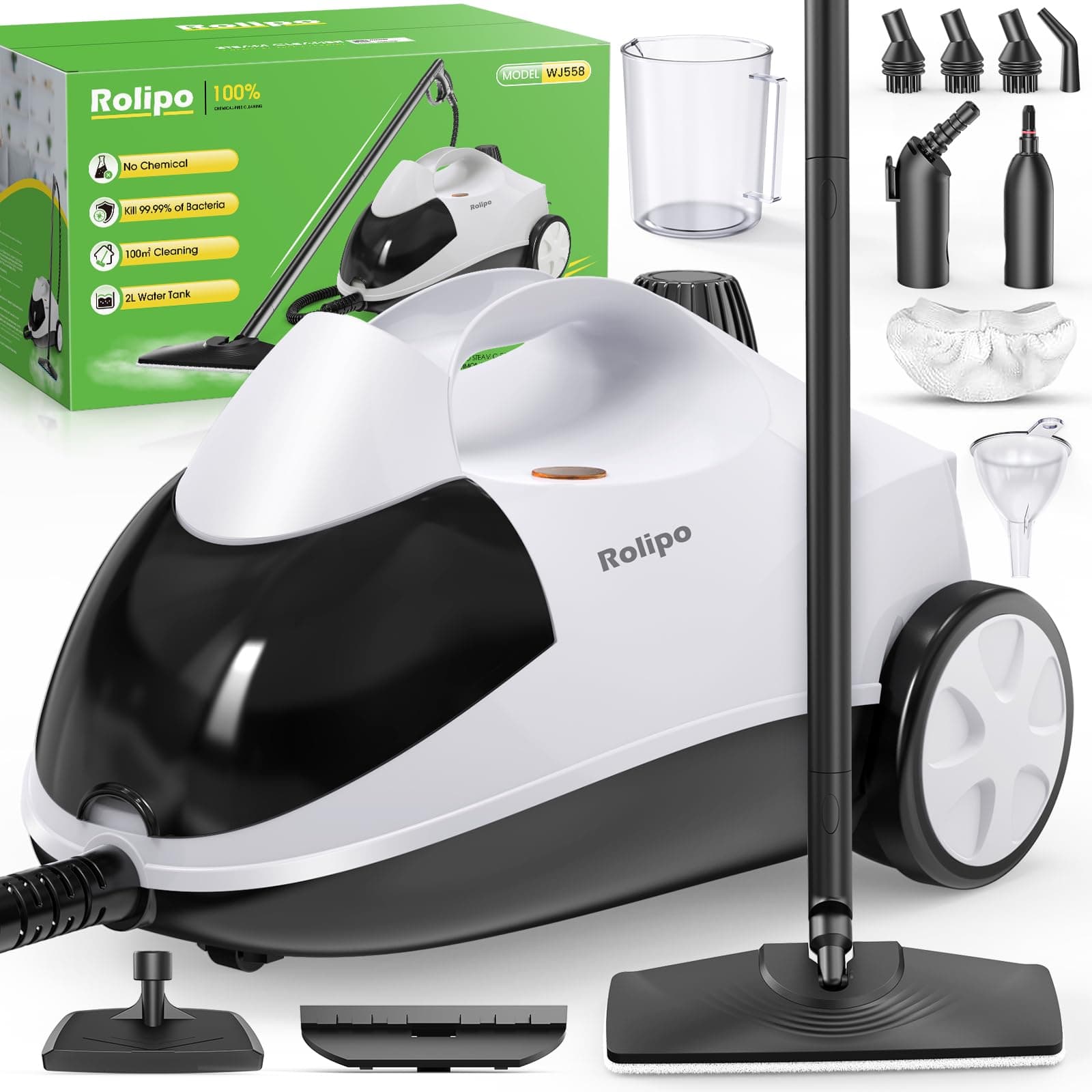 Rolipo Dampfreiniger, Dampfdruck: 4 bar, Leistung: 2000 W, Tank: Max 2 L, Tzungsauer: 40 Minuten, mit Bo Denreinigungsset, Düsen and Rundbürste von Böden, sofa, Polsterbobel and Autos Angebot bei HelloDeals