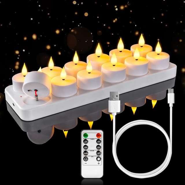 Homemory LED 12er Teelichter Wiederaufladbar mit Fernbedienung Ladestation, Aufladbare LED Teelichter Kerzen Flackernd mit Timer für Party Zimmer Halloween Weihnachten Deko 12er D 4CMx H 3,8CM