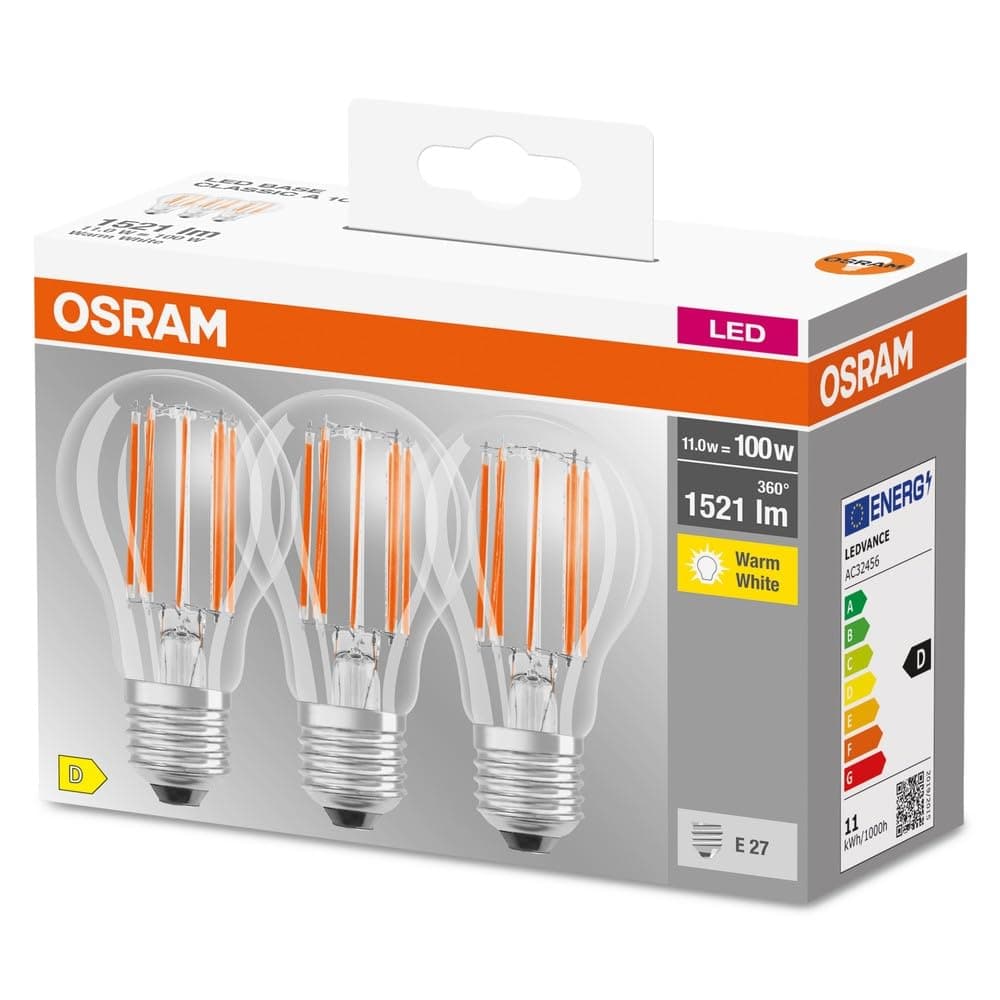 Osram LED-Lampe, Sockel: E27, Warm weiß, 2700 K, 11 W, Ersatz für 100-W-Glühbirne, klar, LED BASE CLASSIC A, 3er-Pack 2700k Warmweiß 3 Pack 100W Klar