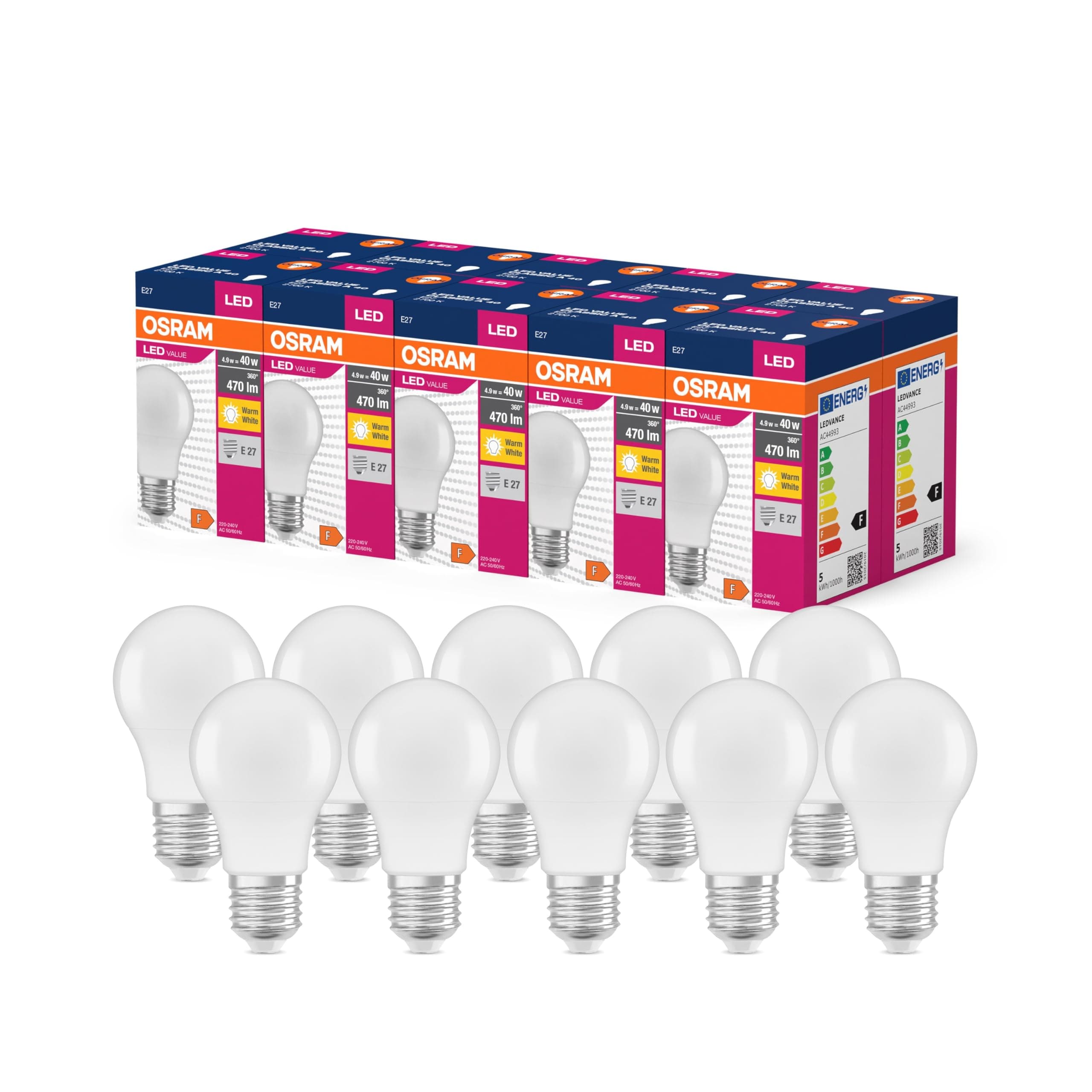 Osram LED Star Value Classic A40 LED Lampe für E27 Sockel, Birnenform, FR, 470 Lumen, warmweiß (2700K), Ersatz für herkömmliche 40W Glühbirnen, nicht dimmbar, 10er-Pack Warmweiß 40W-Ersatz Matt 10er-Pack