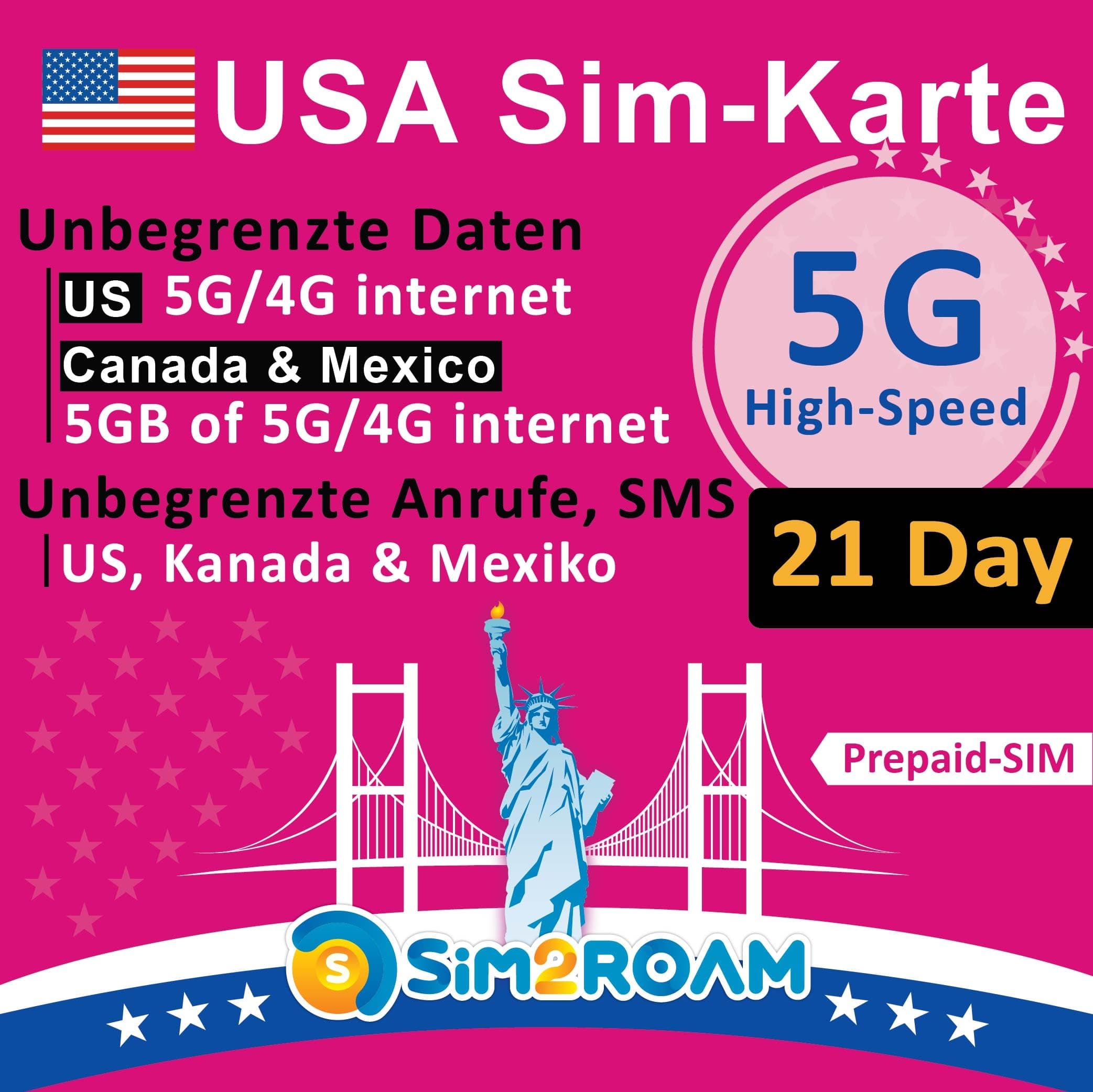 USA SIM-Karte 21 Tage (Verwendet T-Mobile-Netz) | Unbegrenzte 5G/4G-Daten in den USA + 5 GB in Kanada/Mexiko | Unbegrenzte Anrufe und SMS in den USA, Kanada und Mexiko | Aufladbar! 21Days