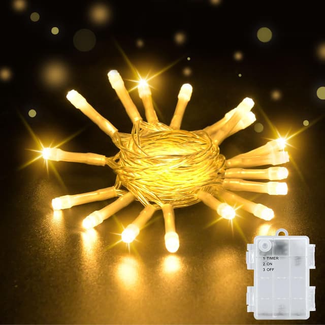 Dalugo Lichterkette Außen Batterie, 2M 20 LED Warmweiß Lichterketten mit 6h Timer, IP65 Wasserdicht Lichterkette Batterie Timer für Innen außen Weihnachtsdekorationen Warmweiß 2M