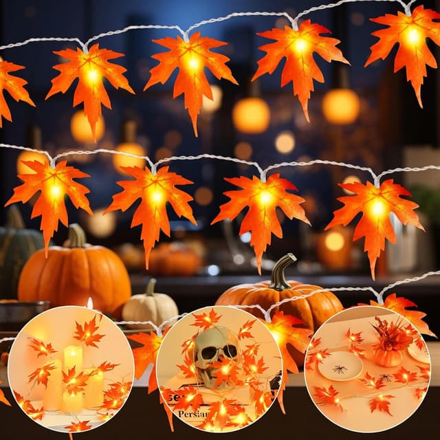 Gcstnn Herbst Dekoration Lichterkette, 3M 20LED Ahornblätter Lichterkette Batteriebetrieben mit Timer, Künstliche Ahornblatt Herbst Girlande für Halloween,Herbst,Kürbis,Erntedankfest,Innen Außen Deko