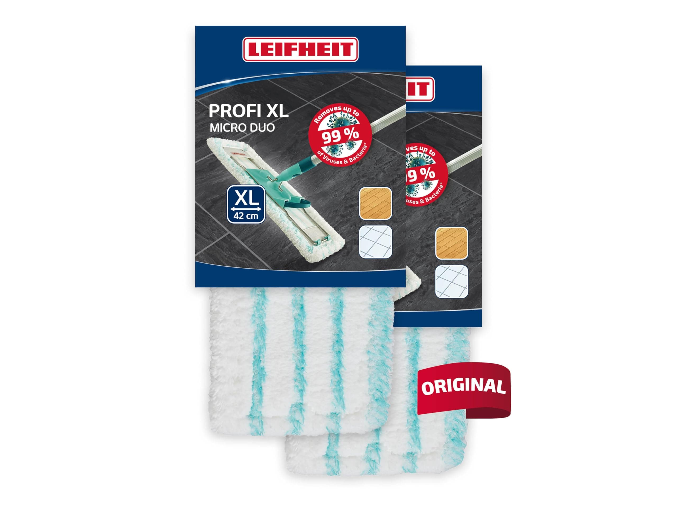 Leifheit Original 2er Set Wischbezug Profi XL Micro Duo, für alle Bodenarten, Bodenwischer Ersatzbezug, ideale Schmutzaufnahme Dank 2-Faser-System, Mikrofaser Putzlappen ideal für Fliesen und Laminat 2er Set Allrounder