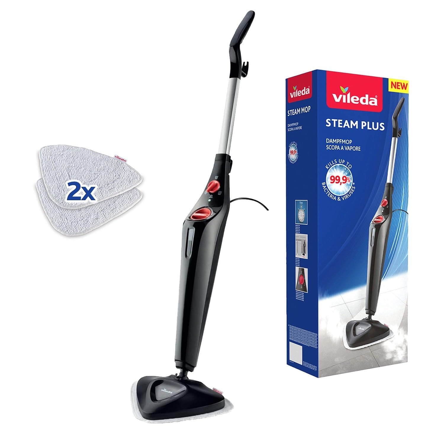 Vileda Steam Plus Dampfreiniger mit 2 Mikrofaserpads | Hygienischer Bodenreiniger für alle Böden & Teppiche | Antibakteriell ohne Chemie | Aufheizzeit: 15 Sekunden 2,3 kg Steam Plus mit 2 Mikrofaserpads Schwarz