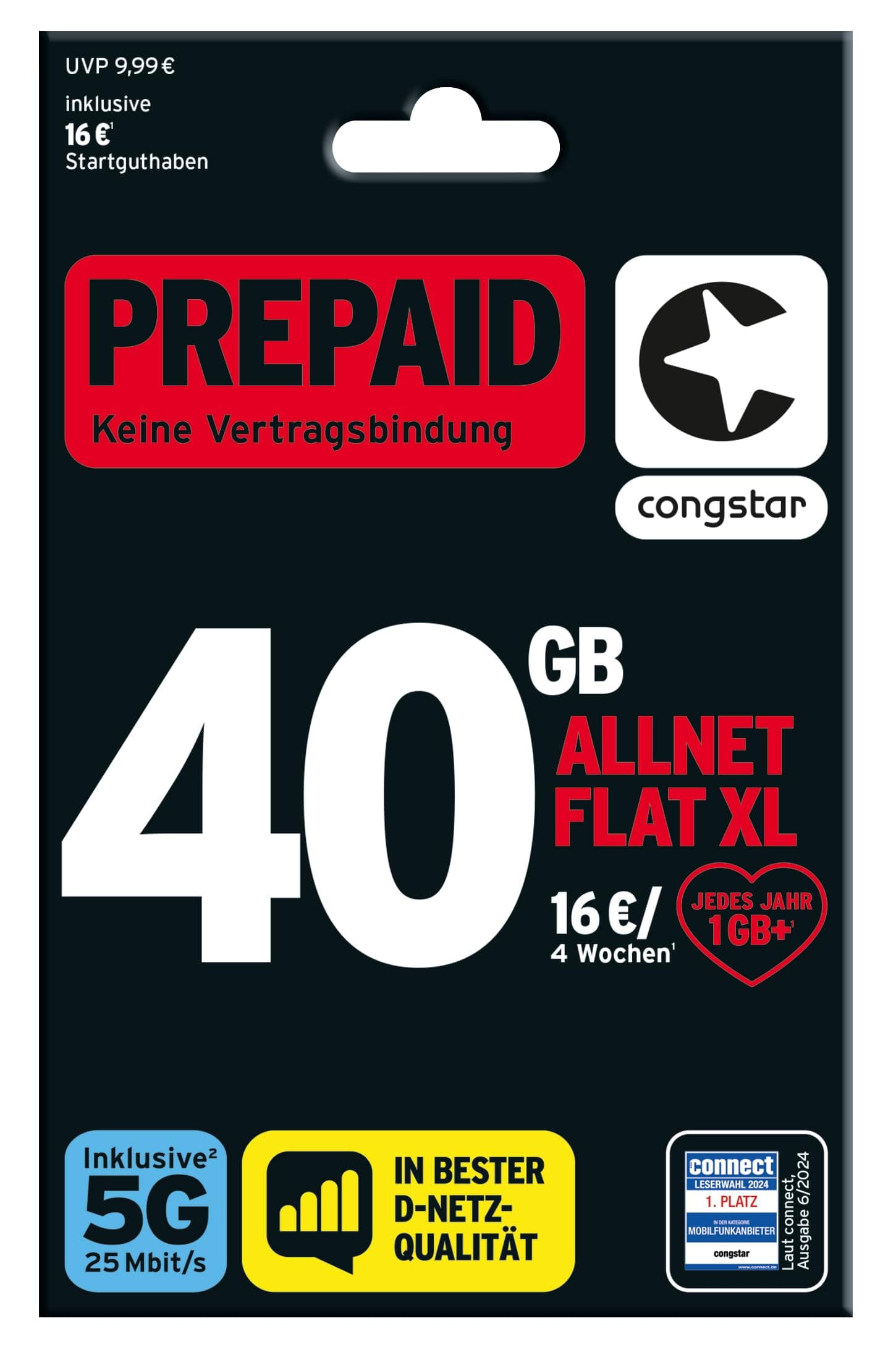 congstar Prepaid ALLNET XL – 40 GB im D-Netz mit 5G (25 Mbit/s), 16€ Startguthaben, Telefon & SMS Flat in alle dt. Netze, EU-Roaming inkl., jedes Jahr 1GB mtl. mehr, ohne Vertrag.