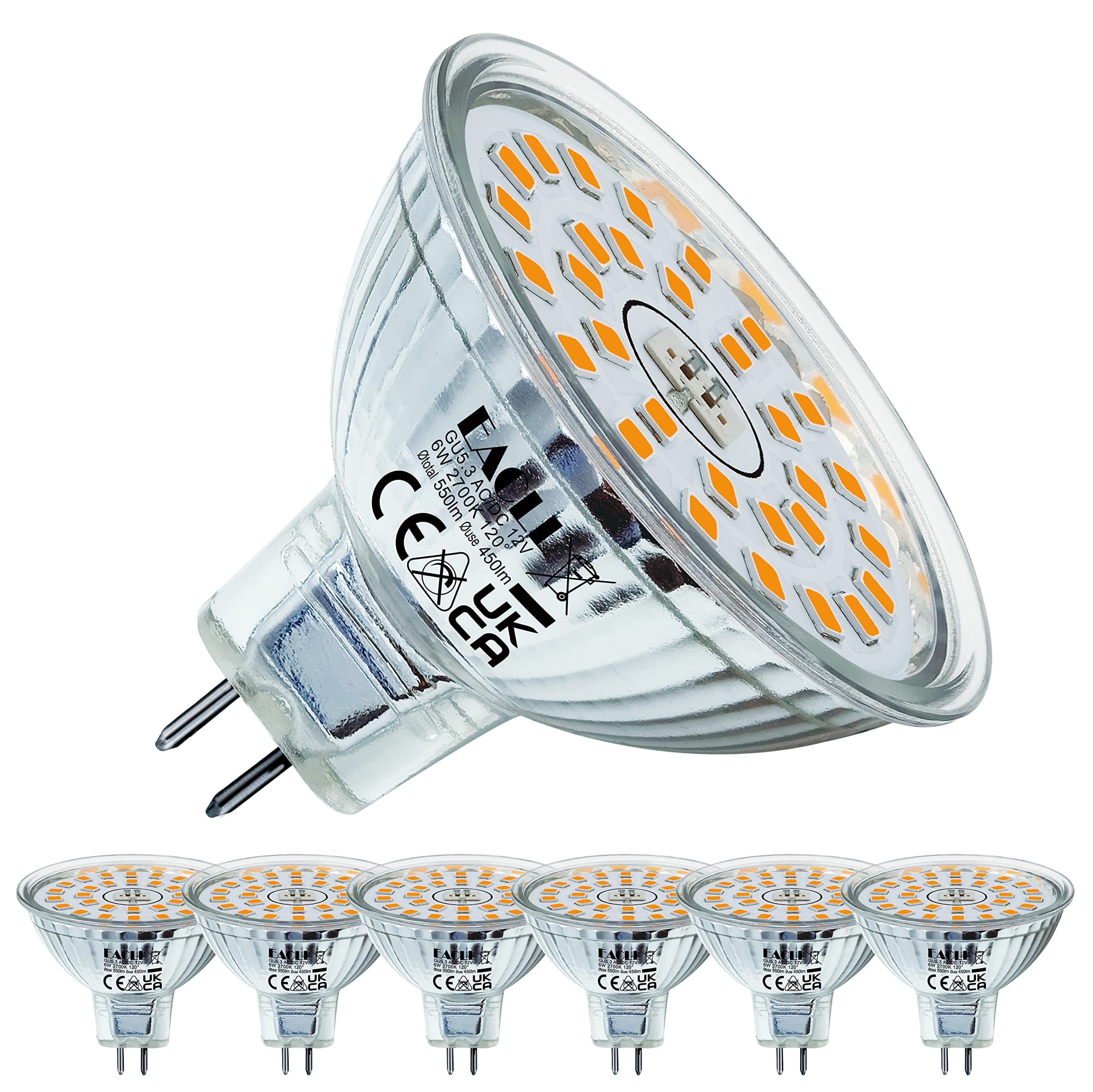 EACLL GU5.3 LED Warmweiß 6W Ersetzt 50W Halogen MR16 Glühbirne, 6er-Pack, 550 Lumen 2700K Leuchtmittel, AC/DC 12V Flimmerfrei Strahler, Abstrahlwinkel 120 Grad Spot, Nicht Dimmbar Reflektorlampen 2700k Warmweiss Licht 6 Stück (1er Pack) 6W