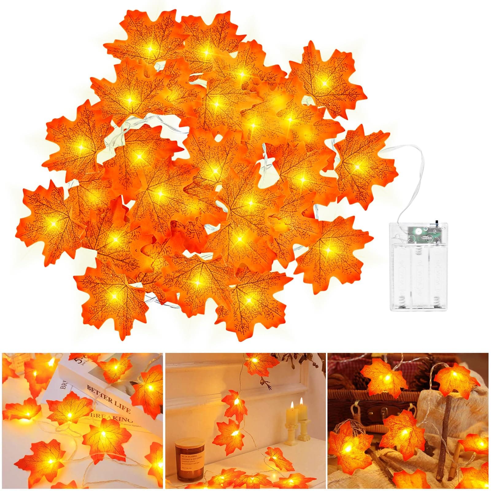 cshare Herbst Lichterkette Batterie, 3M 20LED Halloween Deko Herbst Ahornblatt Girlande Lichterkette mit Timer für Halloween Theme Erntedankfest Weihnachtsfeiern.