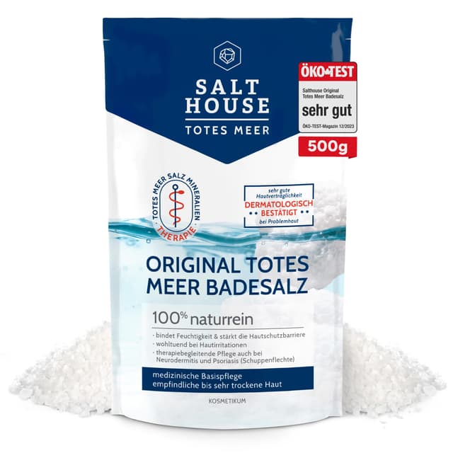 Salthouse Original Totes Meer Badesalz 500g - 100% naturreiner Badezusatz, wohltuend bei Hautirritationen, ideal für empfindliche & trockene Haut, Pflege bei Neurodermitis & Schuppenflechte