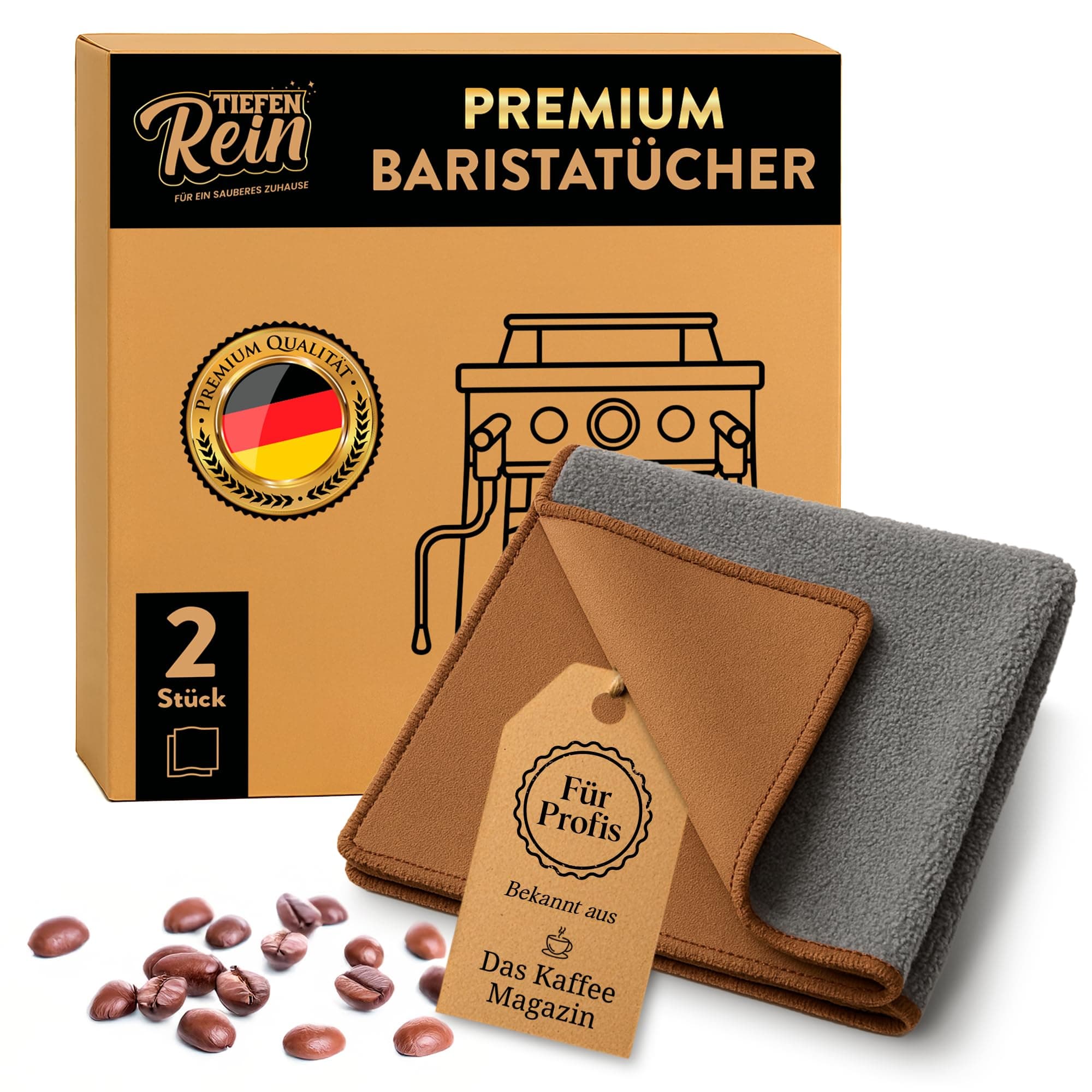 Barista Tuch Set - 2 Stück Braun & Grau - Premium Barista Tücher Set für Reinigung der Siebträgermaschine - 30x30 cm Barista Lappen extra saugstark - Kaffeemaschine Reinigungstuch - Mikrofasertücher Braun & Grau 2