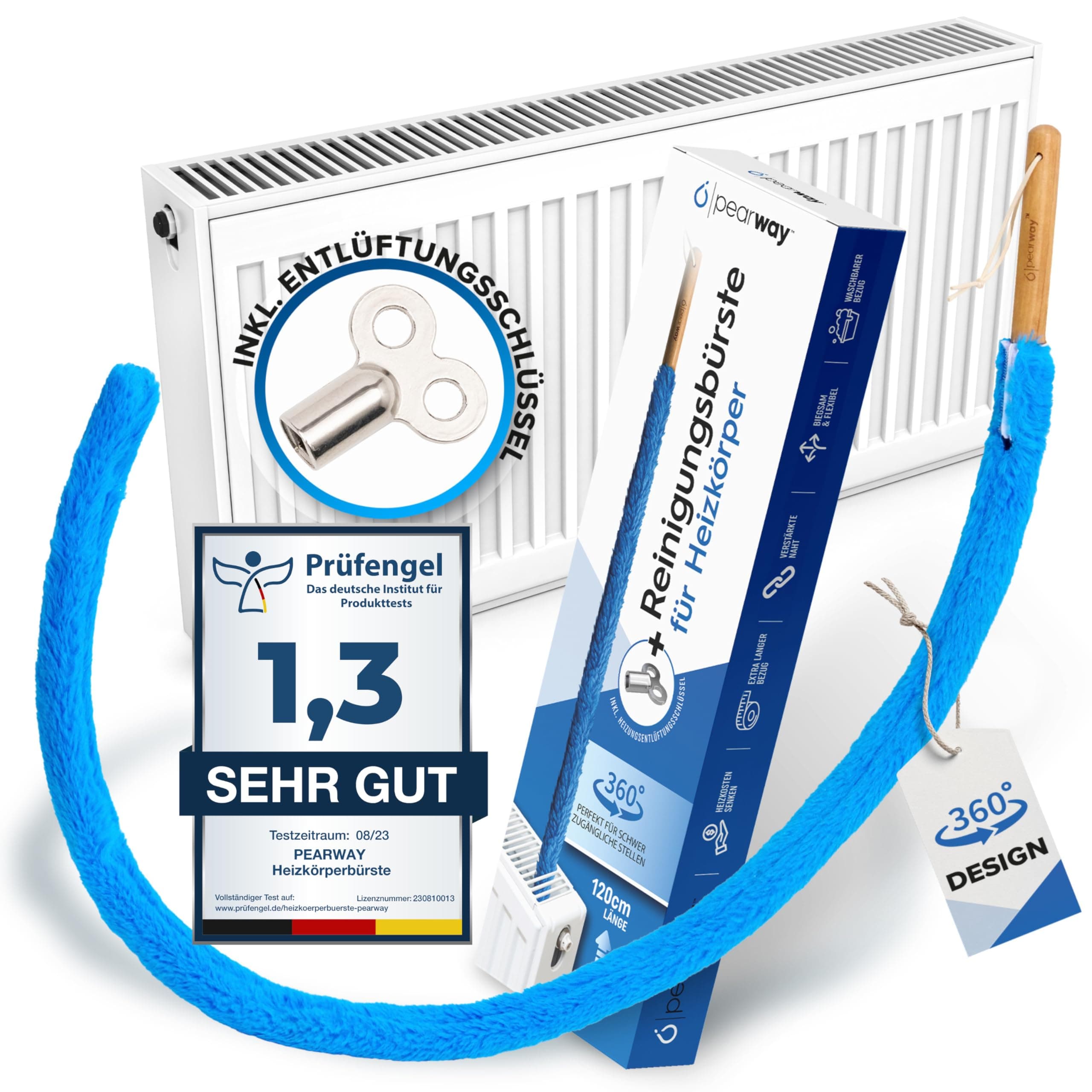 PEARWAY Heizungsbürste inkl. Entlüftungsschlüssel I Die ideale Vorbereitung für die Heizperiode I Heizkörperbürste lang I Heizkörper Reinigungsbürste Heizungsreinigungsbürste I Heizkörper reinigen 120cm - Blau