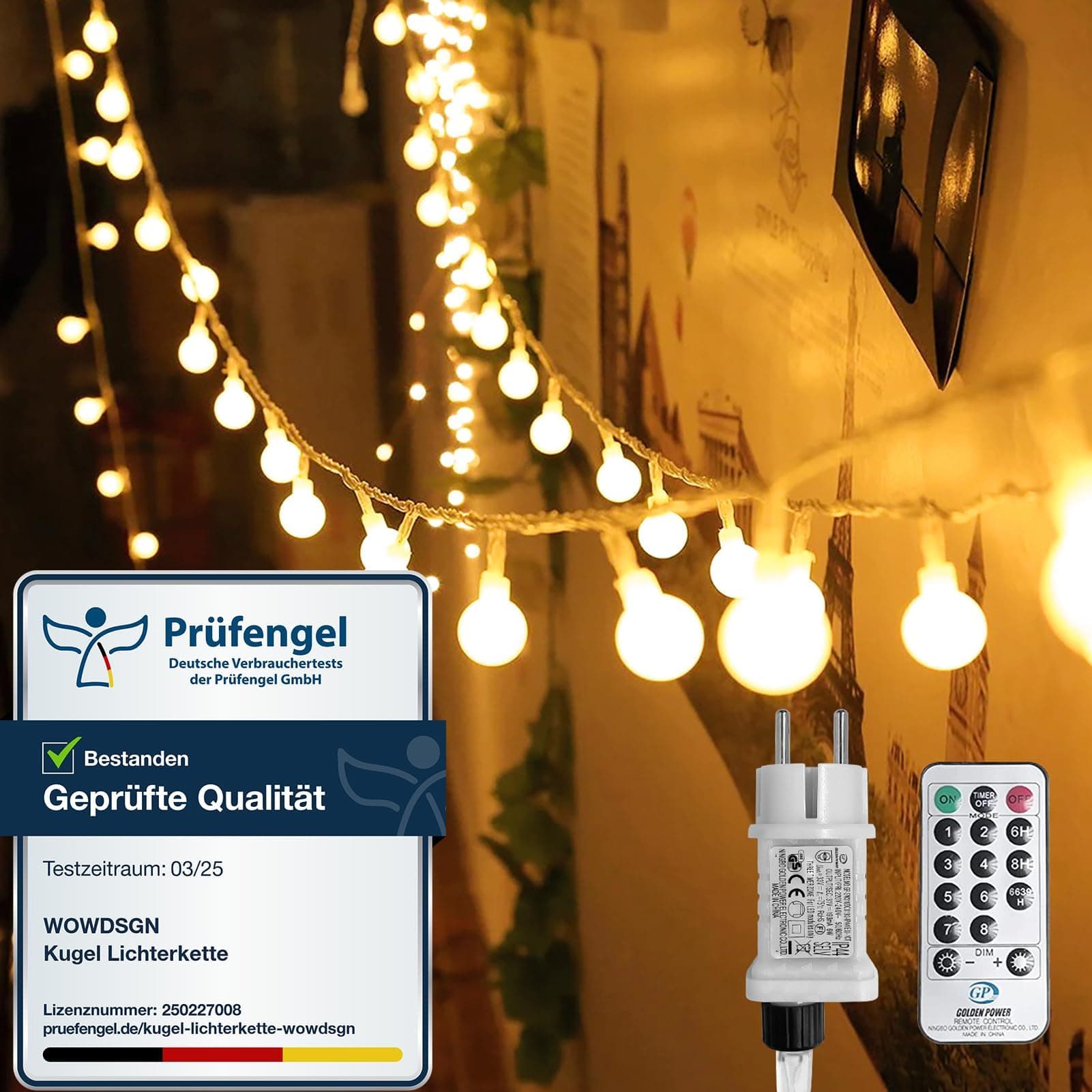 WOWDSGN Kugel Lichterkette, 100 LEDs 10m Dimmbar, Partylichterkette mit Stecker für Innen und Außen, 8 Leuchtmode, Enegiesparend, ideal für Weihnachten, Hochzeit, Party, Garten, Warmweiß Warmweiß 10M 100LED