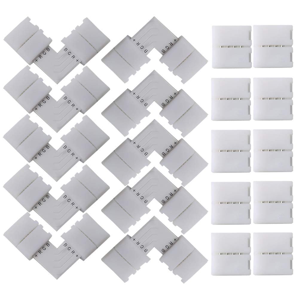 QitinDasen 20Pcs Professionell 4 Polig LED Lichtstreifen Schnellverbinder Set, L-Form Eckverbinder & Lückenlose Steckverbinder, 10mm Nicht-Wasserfest RGB LED Lötfrei Steckverbinder