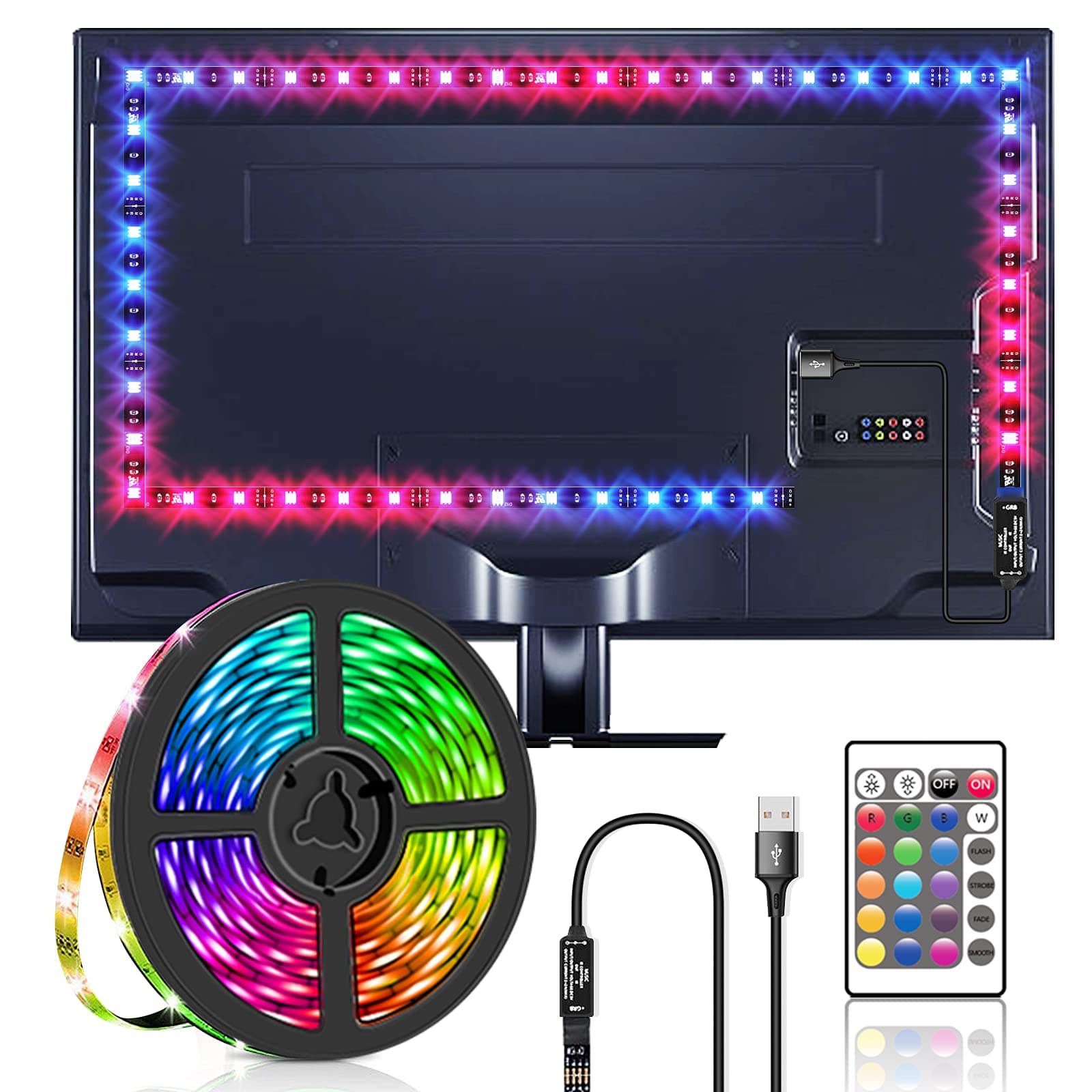 LED TV 2 m, LED für TV 2 m 5050 RGB LED-Streifen 2 m USB mit Fernbedienung Hintergrundbeleuchtung TV mehrfarbig für 81,3 cm - 55 Zoll HDTV, PC, Schlafzimmer, Party und Heimdekoration (2 m)