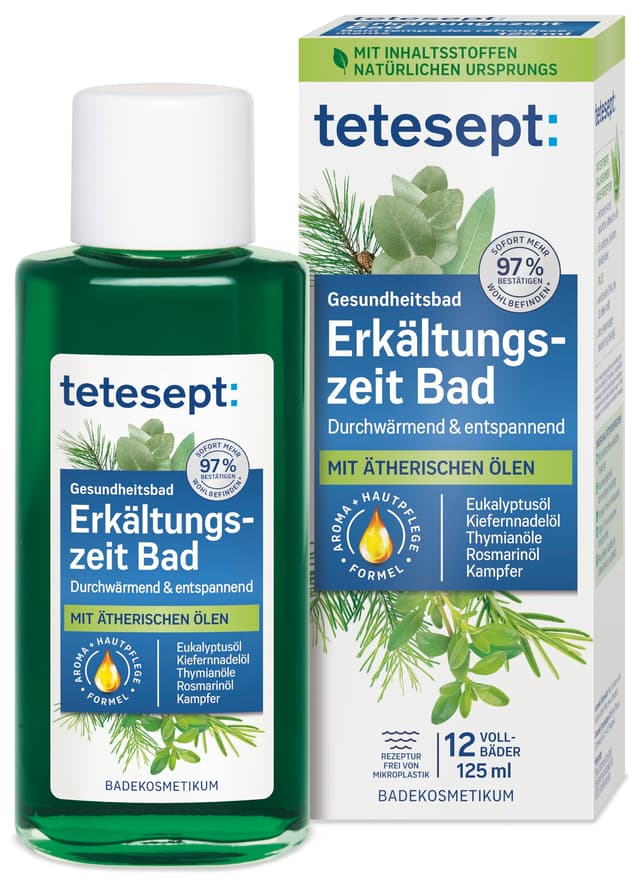 tetesept Erkältungszeit Bad – 1 x 125 ml – Gesundheitsbad für die kalte Jahreszeit mit 5 ätherischen Ölen – Wohltuender Badezusatz zur Entspannung von Körper und Geist