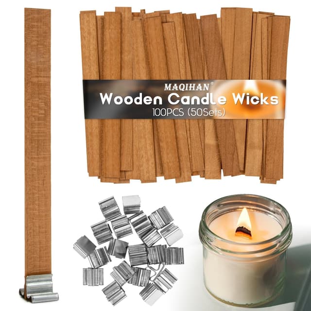 MAQIHAN 100 Tabletten Holzdochte für Kerzen - Knister Kerzendocht Holzdocht Dochte für Kerzen Knisterkerze Docht Holz Kerzen Zubehör für Sojawachs Bienenwachs Herbst Duftkerzen Machen (50 Sätze)