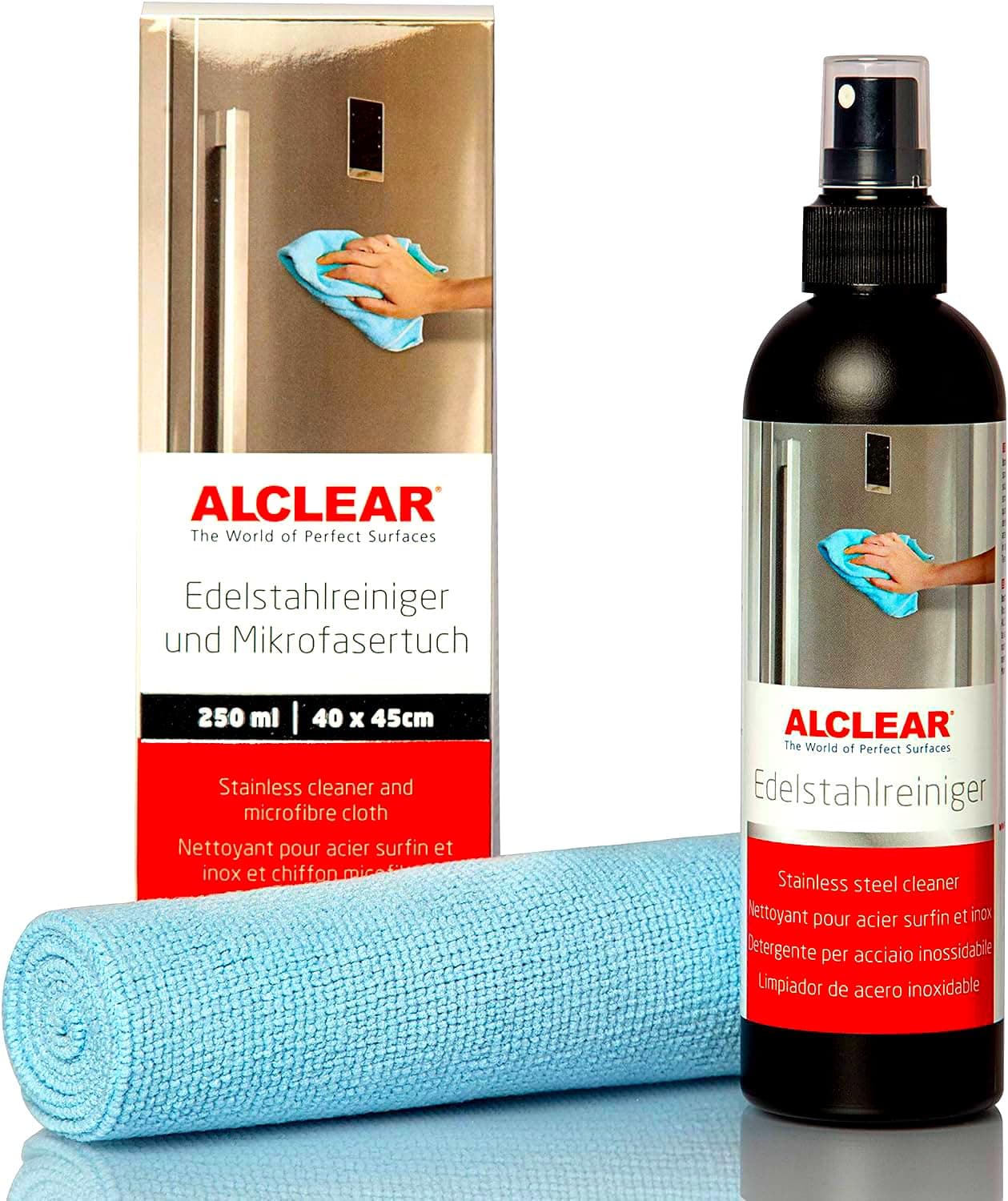ALCLEAR 721ER Edelstahlreiniger Set + Mikrofasertuch - Reiniger für Edelstahlflächen, streifenfrei fettlösend für Küche, Kühlschrankfront, Dunstabzug & mehr – Reinigung ohne Politur – Made in Germany Alclear Edelstahlreiniger