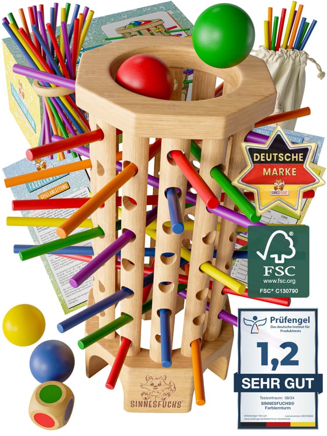 SINNESFUCHS® Farblernturm - FSC® 100% - Montessori Spielzeug ab 3 Jahre - Holzspielzeug pädagogisch wertvoll - Lernspiele ab 3 Jahre - Kinder Farben Stäbchen Holz Spiel - Kinderspiele ab 4 Jahre
