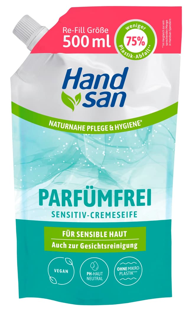 Hand san Cremeseife parfümfrei Nachfüllbeutel | parfüm-, seifen und farbstofffrei | Händewaschen & Gesichtsreinigung | Rezeptur ohne Mikroplastik | pH-hautneutral & vegan | 500ml ohne 500 ml (1er Pack)