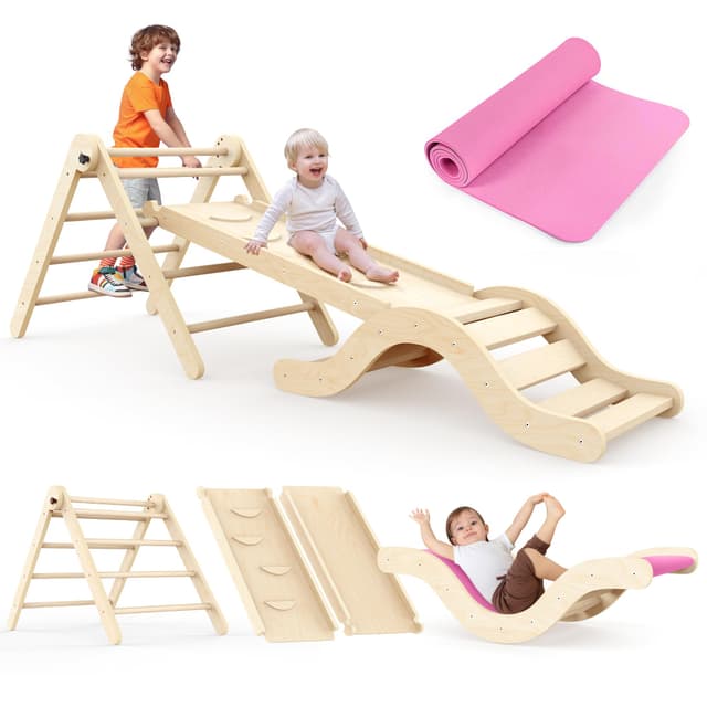 Montessori Indoor Spielset: 7-in-1 Klettergerüst mit Rutsche, Bogen & Matte für Kleinkinder und Kinder (1-3 Jahre) Natural