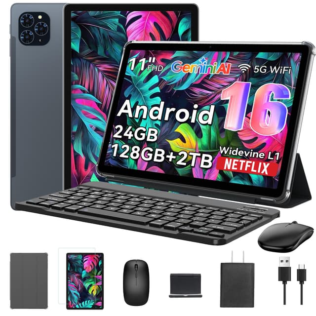 Tablet 2025 Das weltweit erste Android 16 Tablets mit Gemini AI, 11 Zoll FHD Display, 24GB RAM 128GB ROM / 2TB TF, 13MP Kamera, 8000mAh, Widevine L1, 5G WiFi, 2 in 1 - Tablet mit Tastatur und Stift Grau