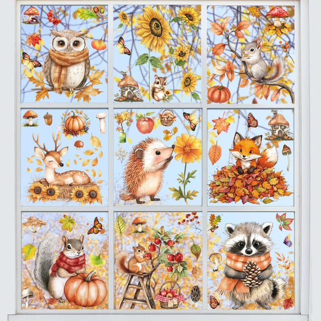 Fensterbilder Herbst Selbstklebend, SILARLAIT Fenstersticker Herbstwald Statisch & Doppelseitige & Wiederverwendbare, Fensteraufkleber Herbst Fensterdeko, Herbstdeko Fenster