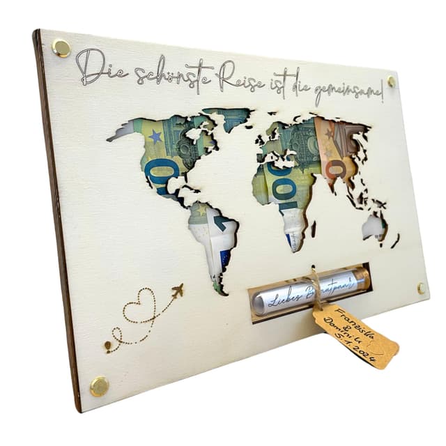 Geldgeschenk Hochzeit Weltkarte aus Holz | Einzigartiges Hochzeitsgeschenk für Brautpaar | Paargeschenk | Hochzeits-Geldgeschenk | Flitterwochen-Geschenk | Personalisierbar im Reagenzglas Decorative