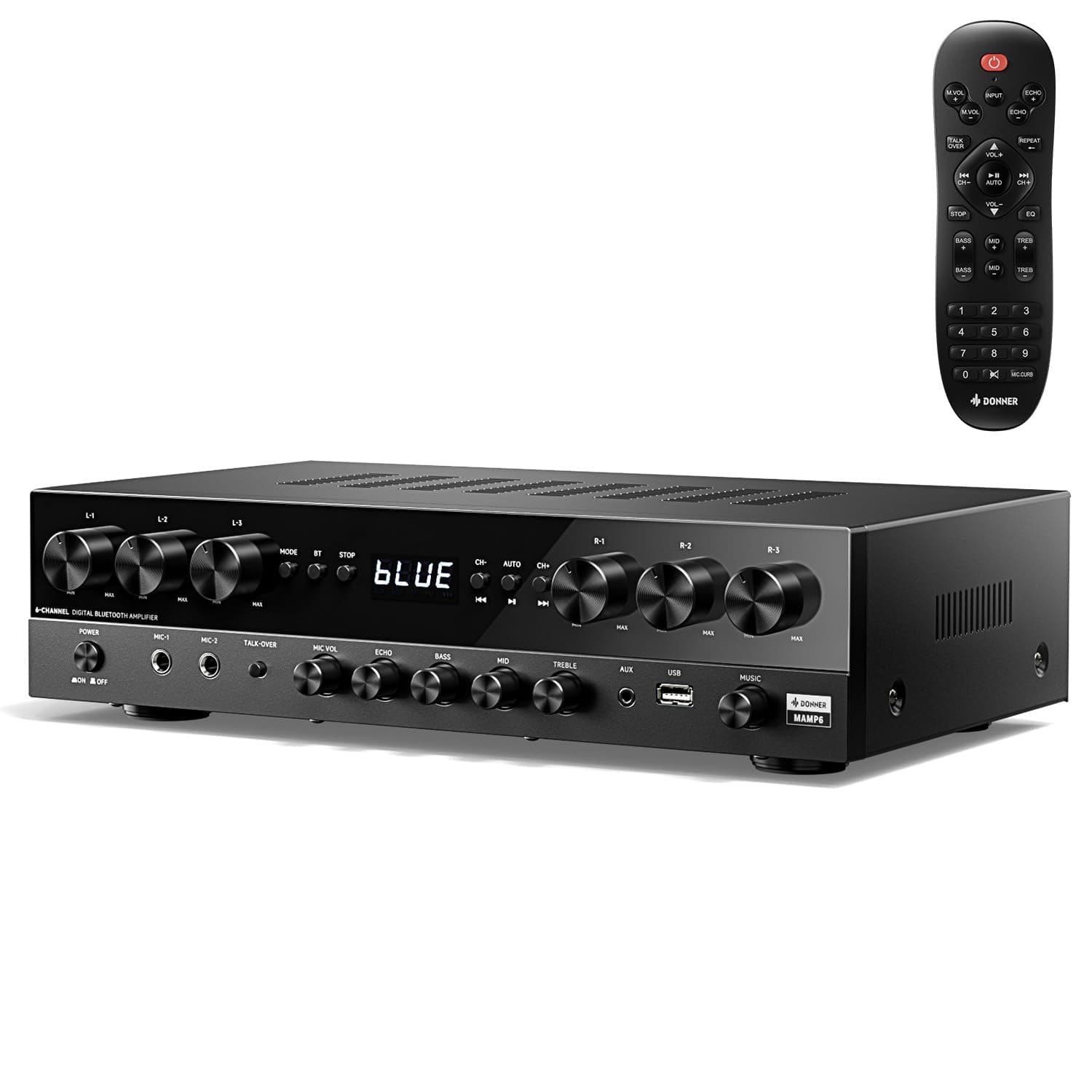 Donner Stereo Verstärker, 6-Kanal Verstärker mit 1000 W Maximalleistung und Bluetooth 5.3, USB, FM, 2 Mikrofoneingängen, Cinch, Glasfaser/Koaxial Eingang für Heim, Karaoke und Kinolautsprecher, MAMP6 Angebot bei HelloDeals