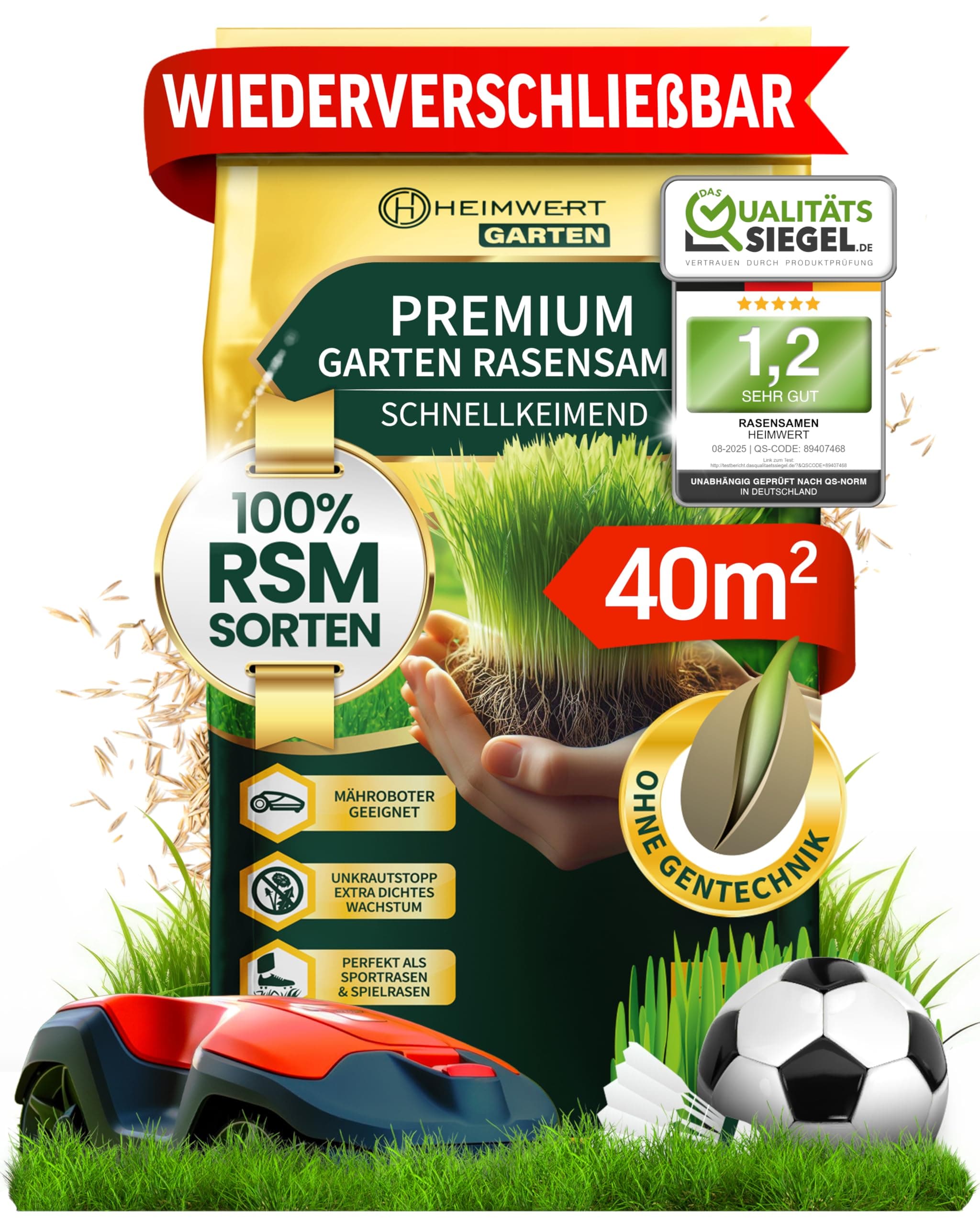 Heimwert Rasensamen schnellkeimend Sommer und Herbst All Saison - Grassamen - Rasensamen Sport und Spiel aus hochwertigster Gräser Mischung empfohlener RSM Sorten - 1kg für 40m2 Made in Germany (1kg) Angebot bei HelloDeals